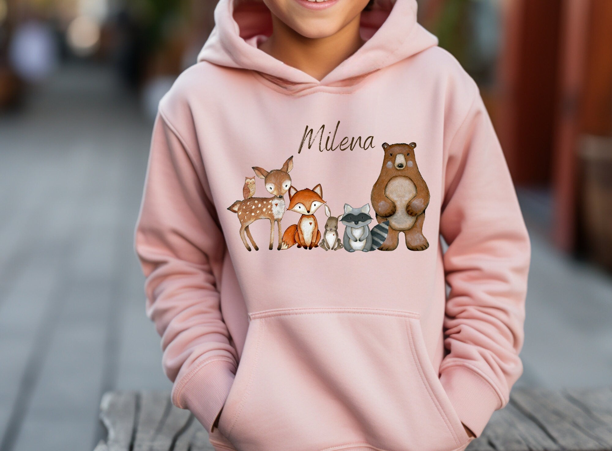 Hoodie personalisiert pullover Pulli Kapuzenpulli Waldtiere Fuchs Reh Waschbär Eule