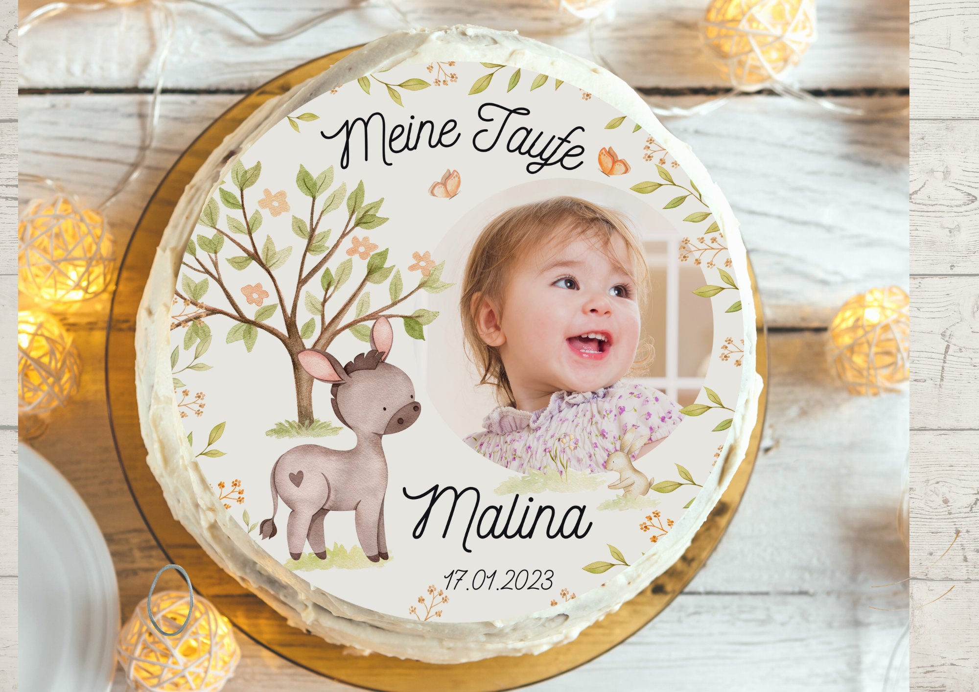 Tortenaufleger für die Taufe mit Foto Lebensbaum Fondant Taufe Esel