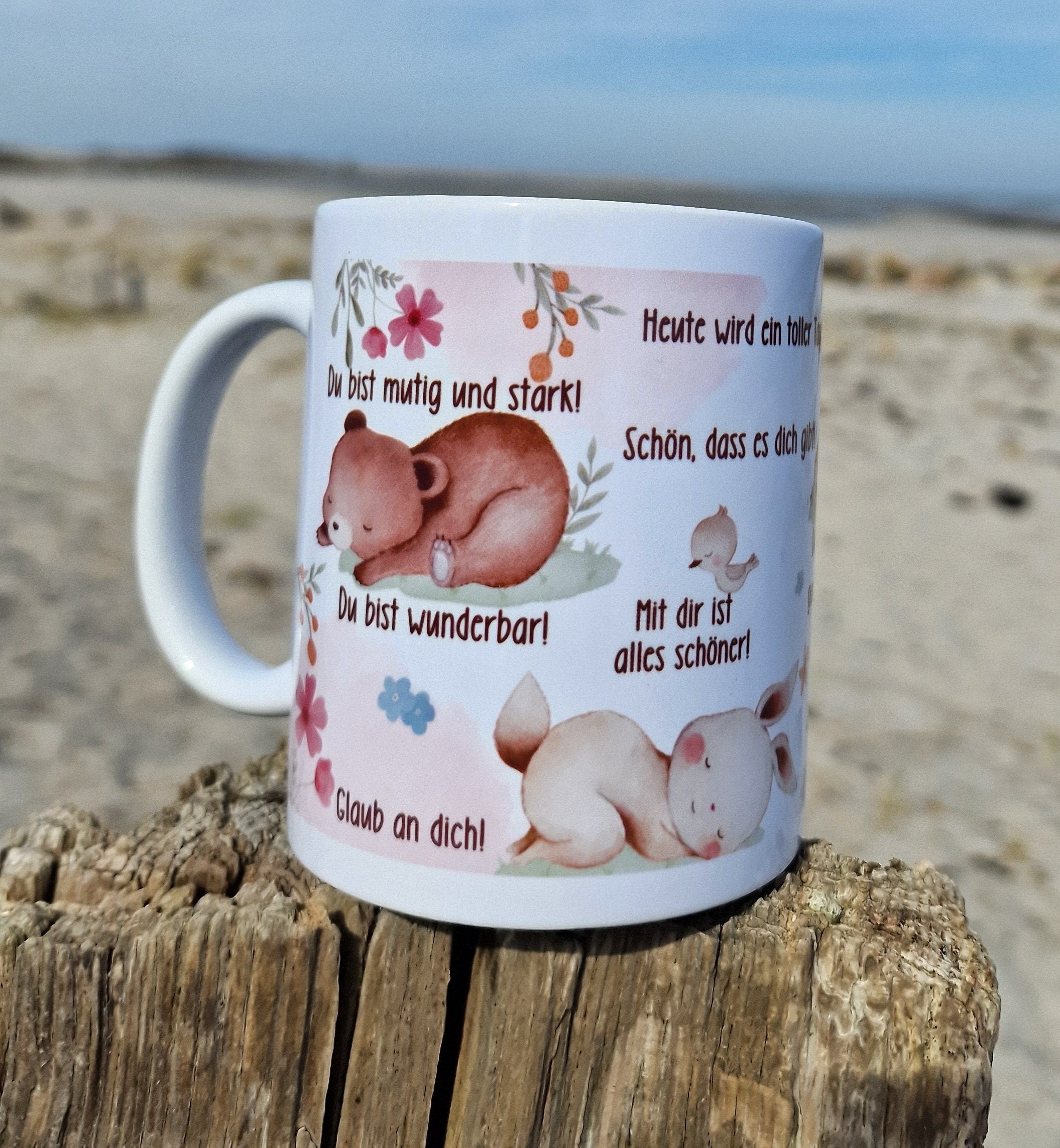 Tasse Becher Porzellan Mutmacher Selbstliebe Glückstasse Affirmationen Geschenk Fuchs Hase