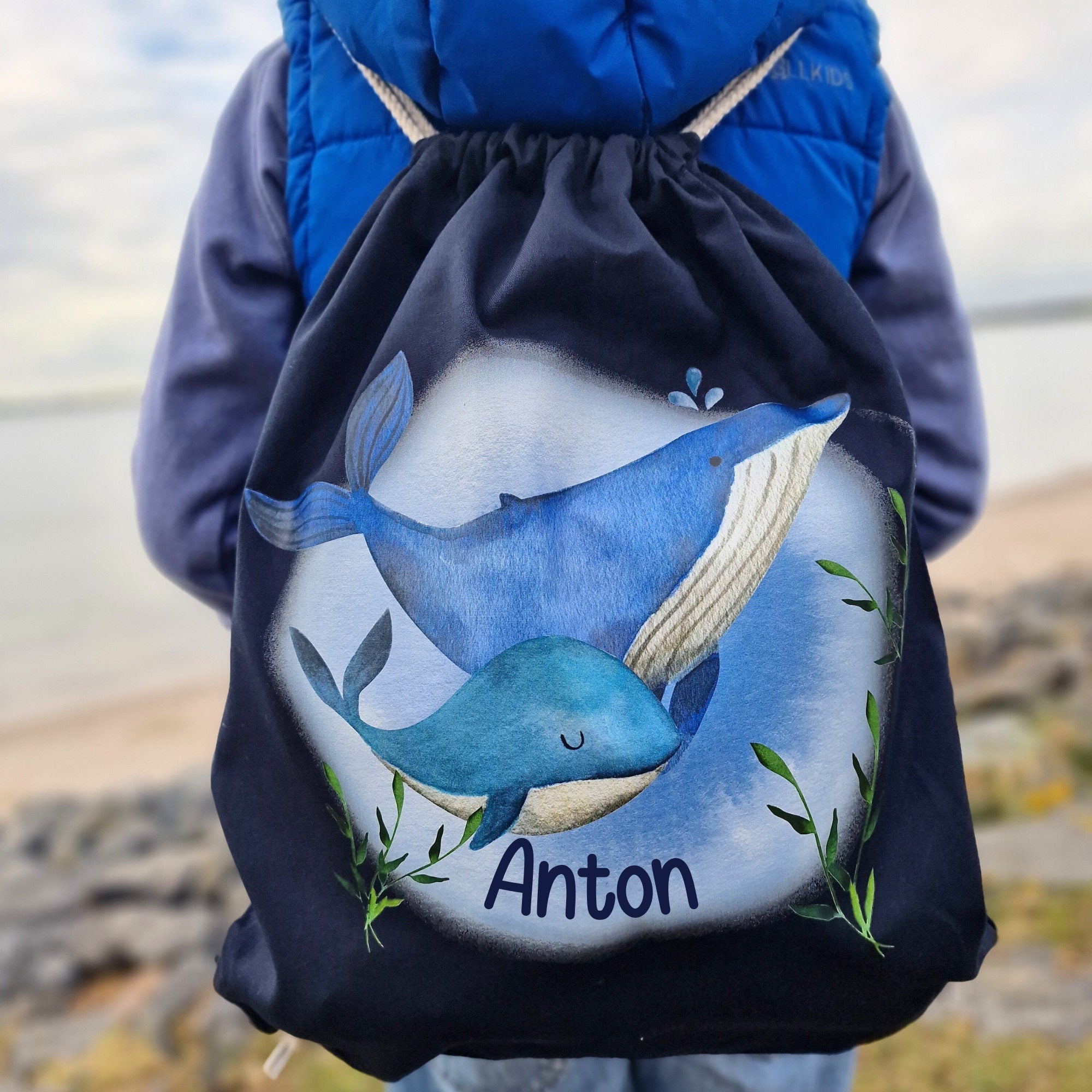 Turnbeutel Wal mit Name – personalisiert – für – Kita Tasche zur Einschulung – Wechselwäschebeutel garten – Team Sports & Gym Bags