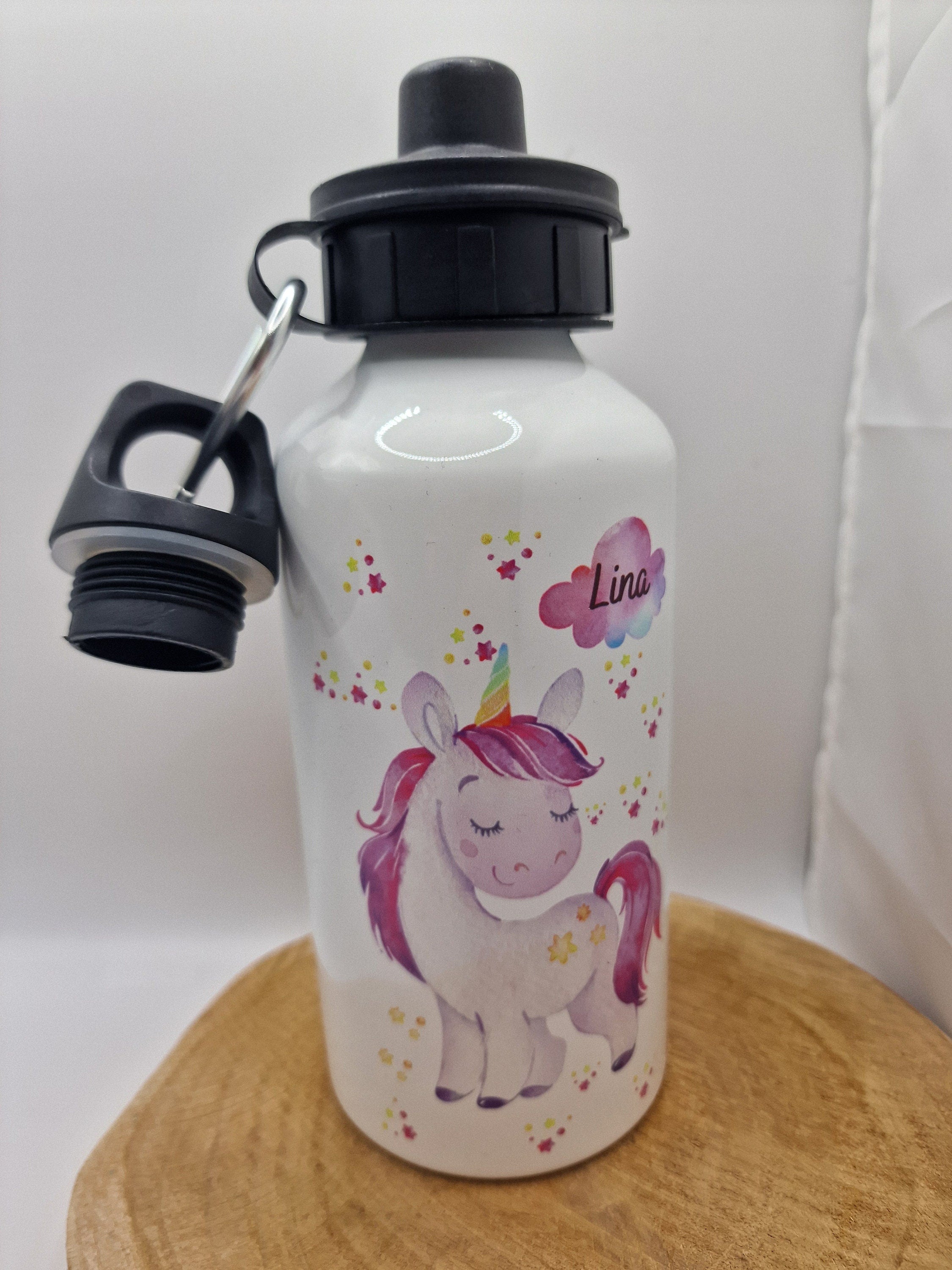 Trinkflasche Wasserflasche personalisiert mit Name Einhorn rosa Sterne Glitzer