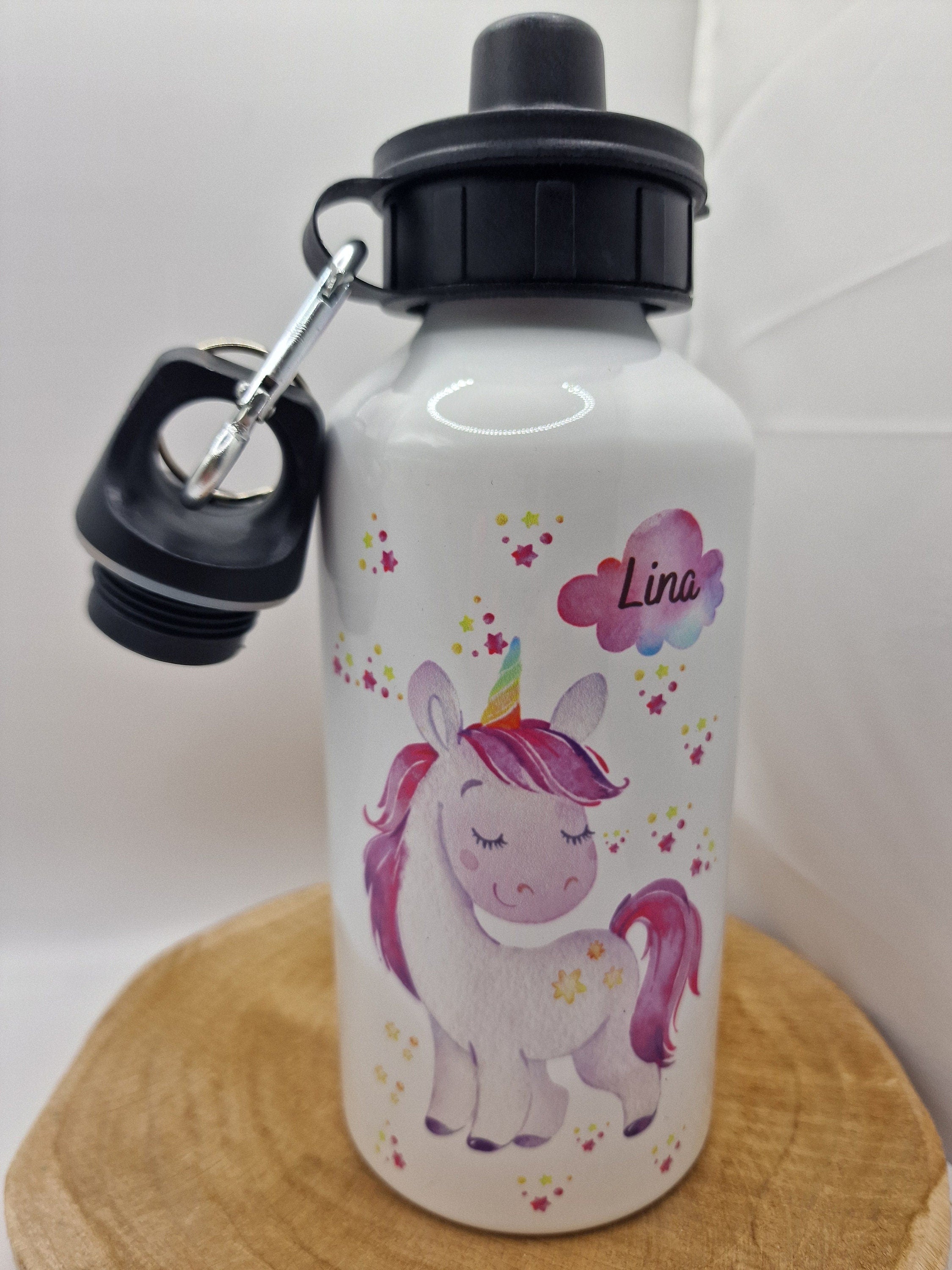 Trinkflasche Wasserflasche personalisiert mit Name Einhorn rosa Sterne Glitzer