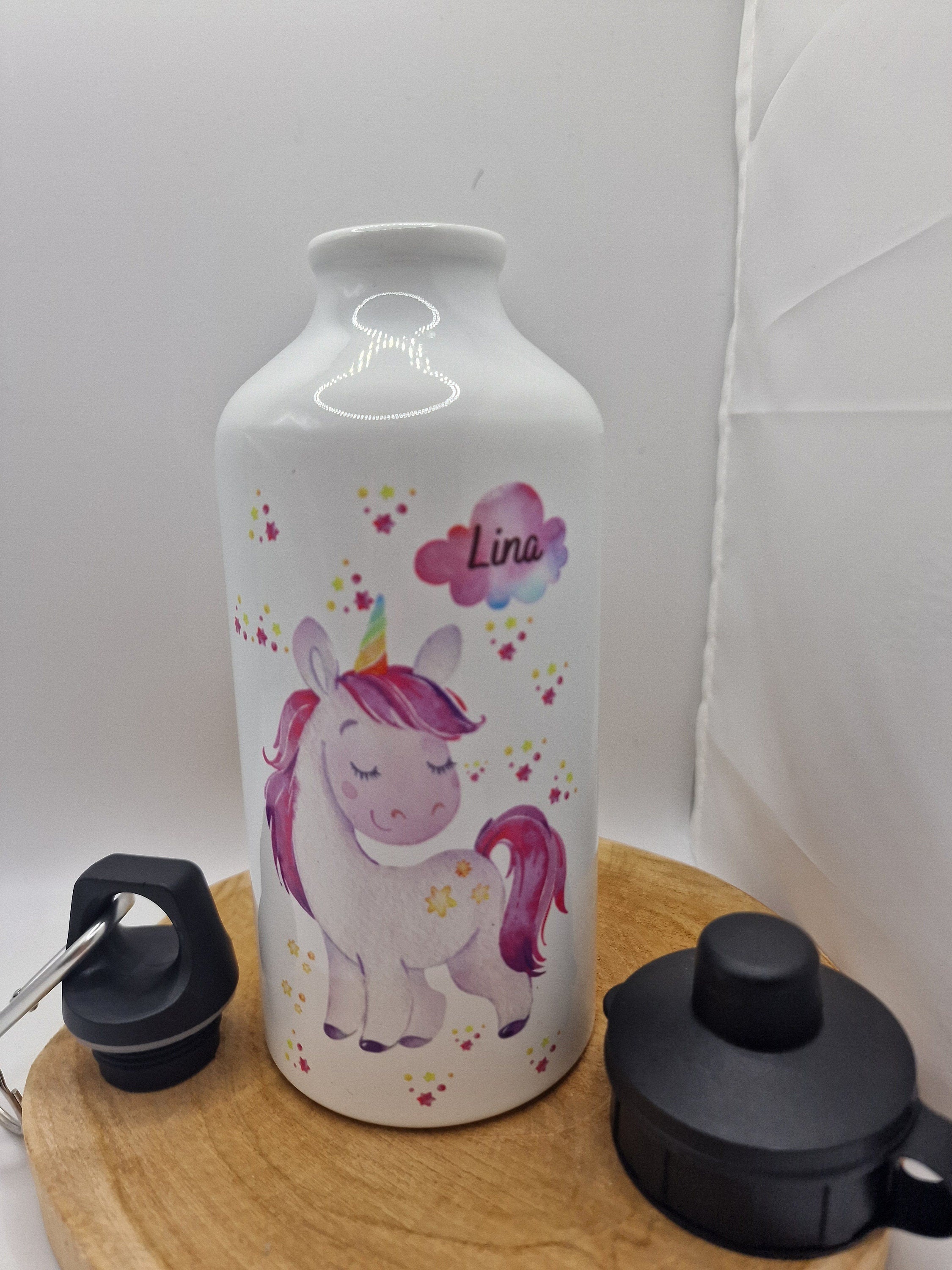 Trinkflasche Wasserflasche personalisiert mit Name Einhorn rosa Sterne Glitzer