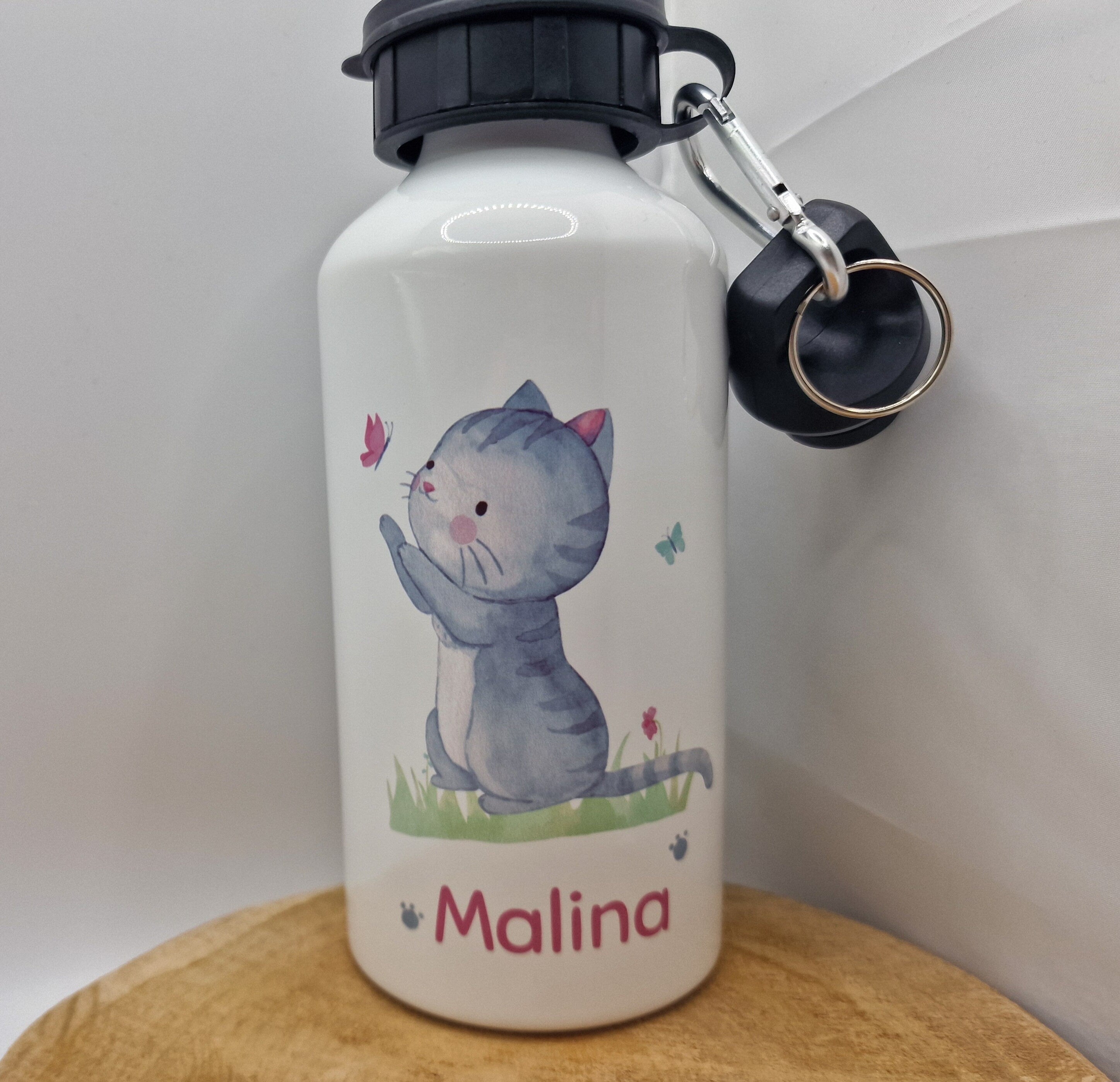 Trinkflasche Wasserflasche personalisiert mit Name Katze Kitten Haustier Schmusekatze Schmetterling