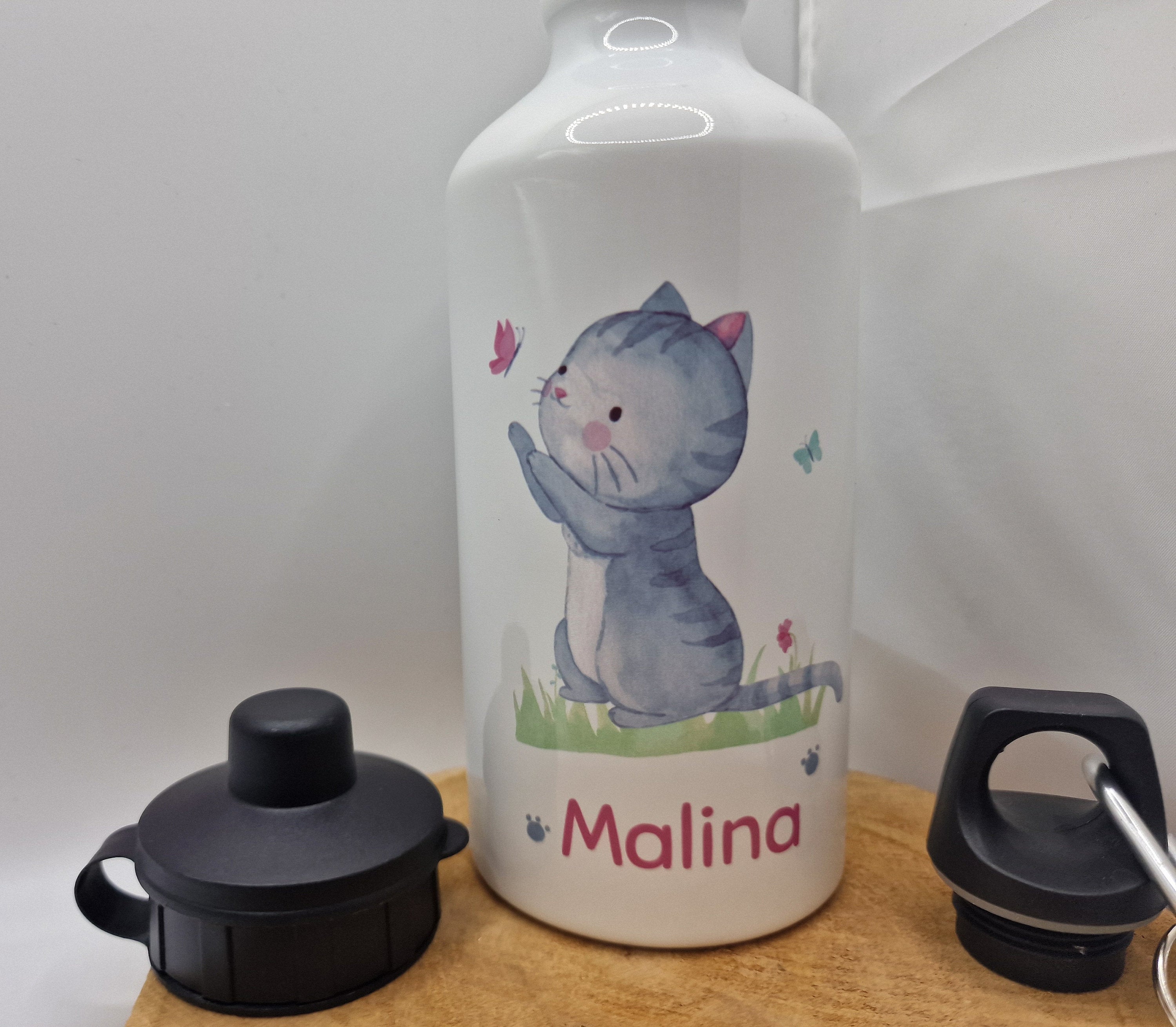 Trinkflasche Wasserflasche personalisiert mit Name Katze Kitten Haustier Schmusekatze Schmetterling