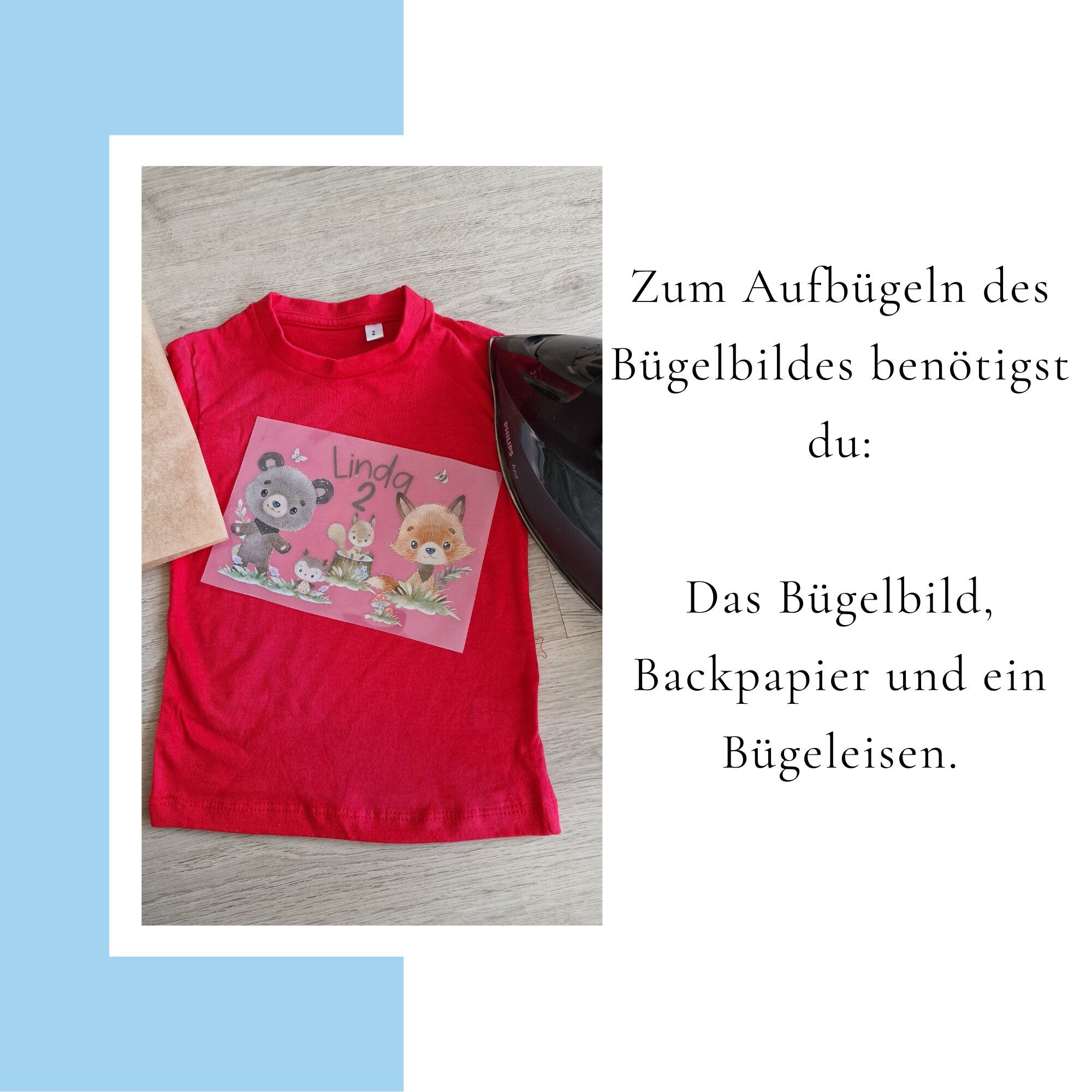 Bügelbild für farbige ien mit Wunschname und Alter personalisiert Geburtstagsshirt Reh Hase Waldtiere Boho