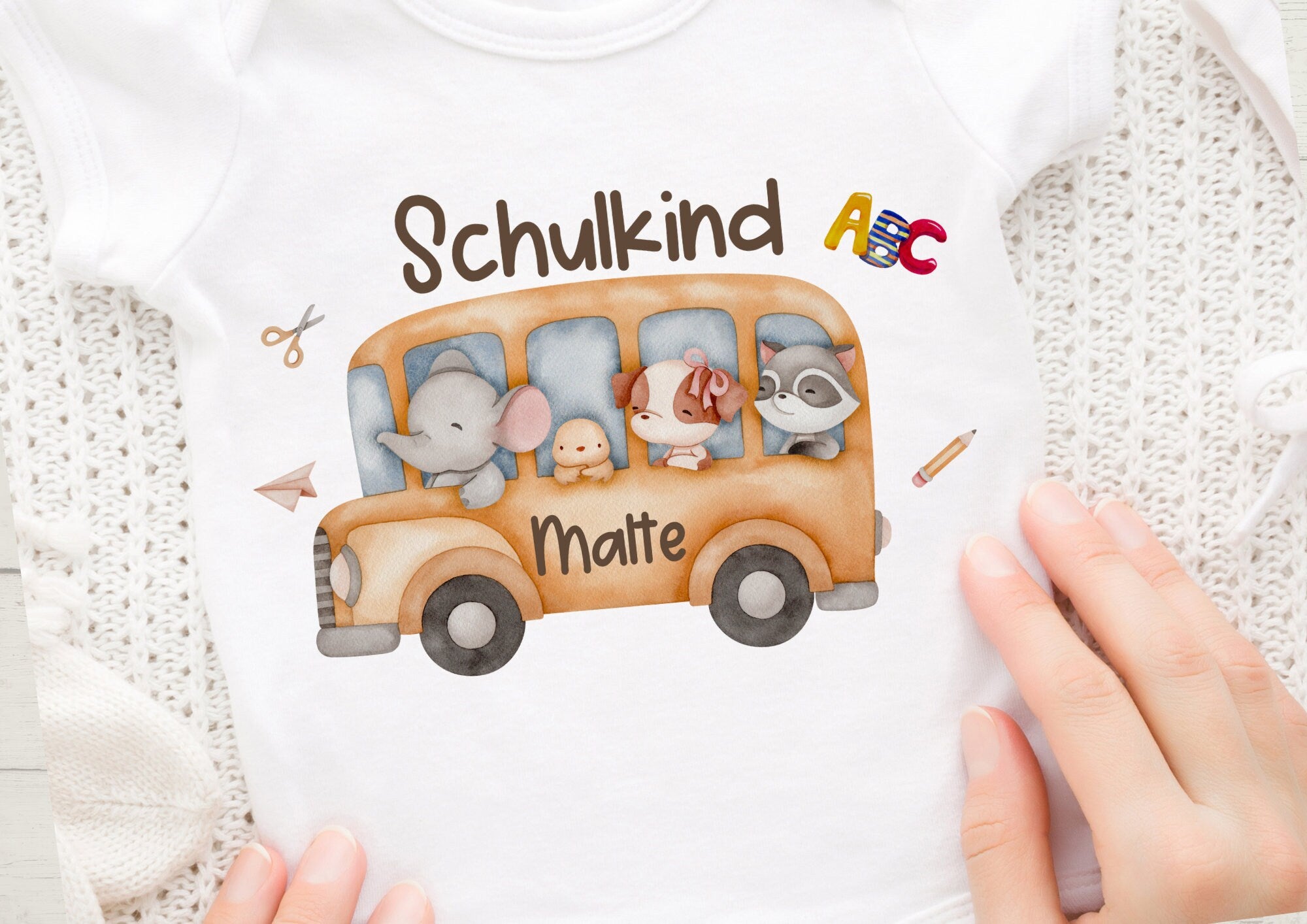 Bügelbild mit Wunschname Schul 1.Schultag Schulbeginn Einschulung Schulbus ABC