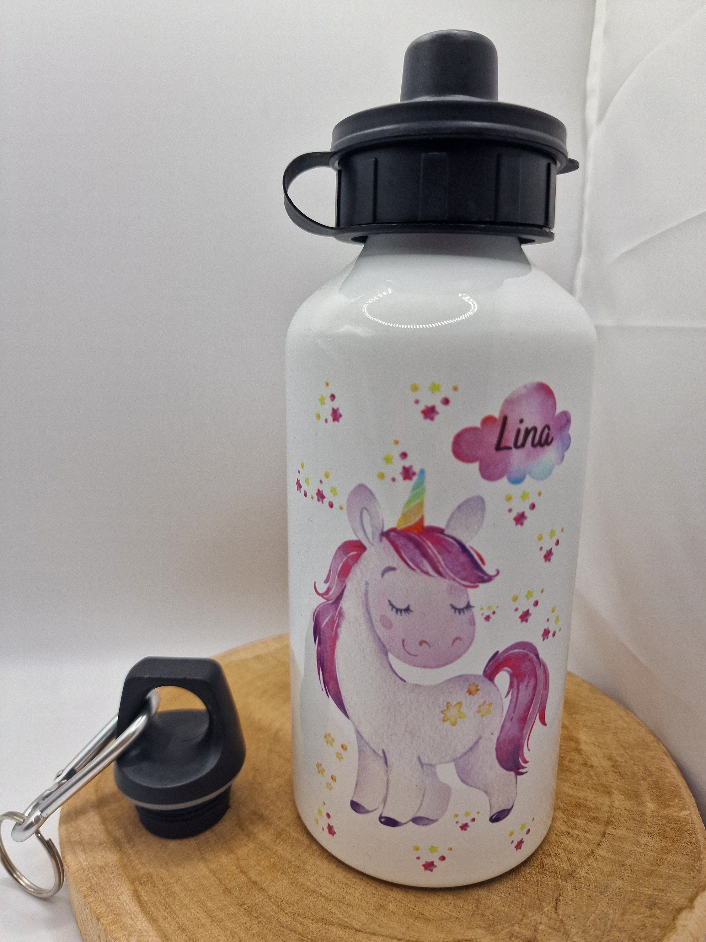 Trinkflasche Wasserflasche personalisiert mit Name Einhorn rosa Sterne Glitzer