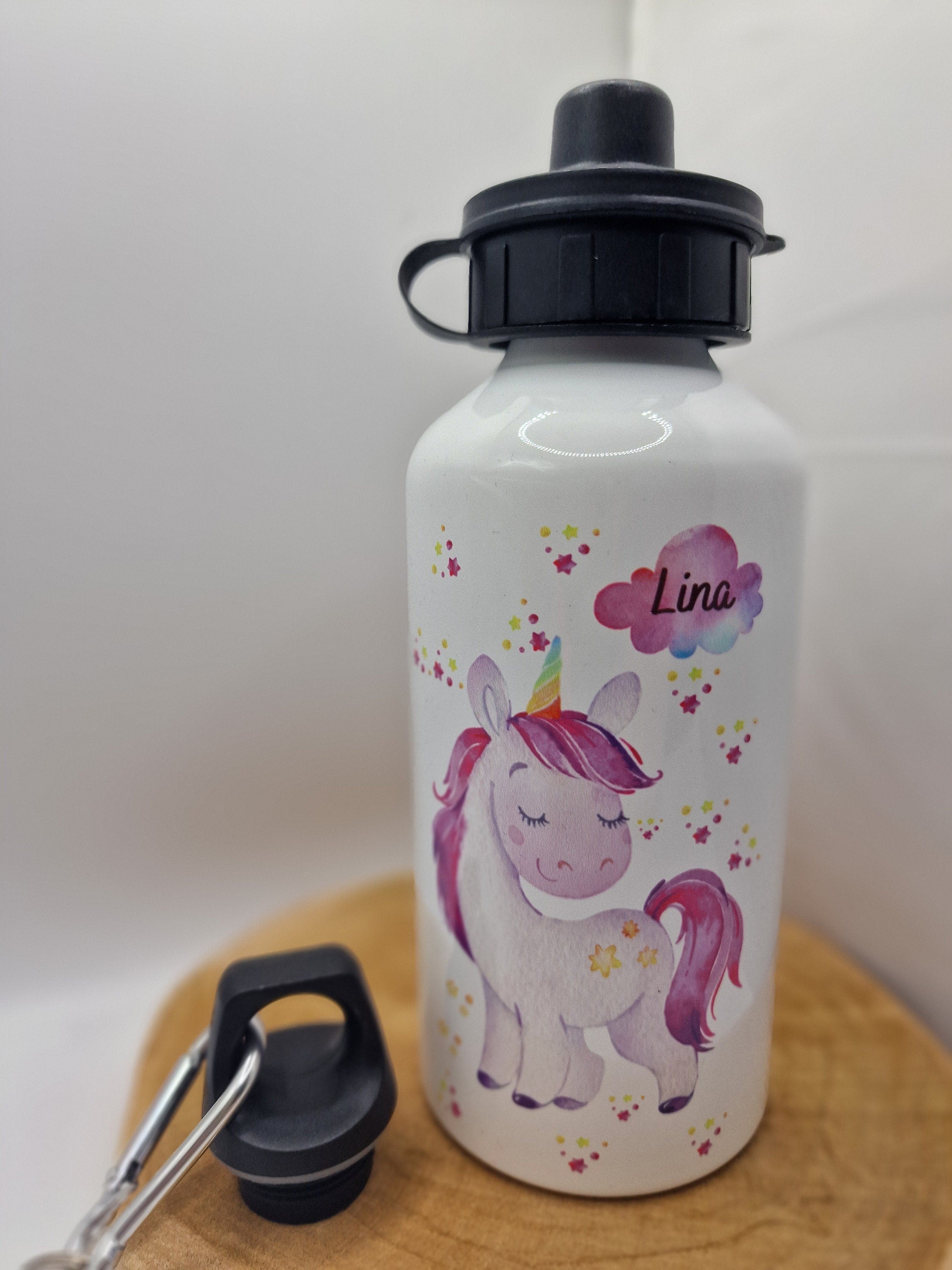 Trinkflasche Wasserflasche personalisiert mit Name Einhorn rosa Sterne Glitzer