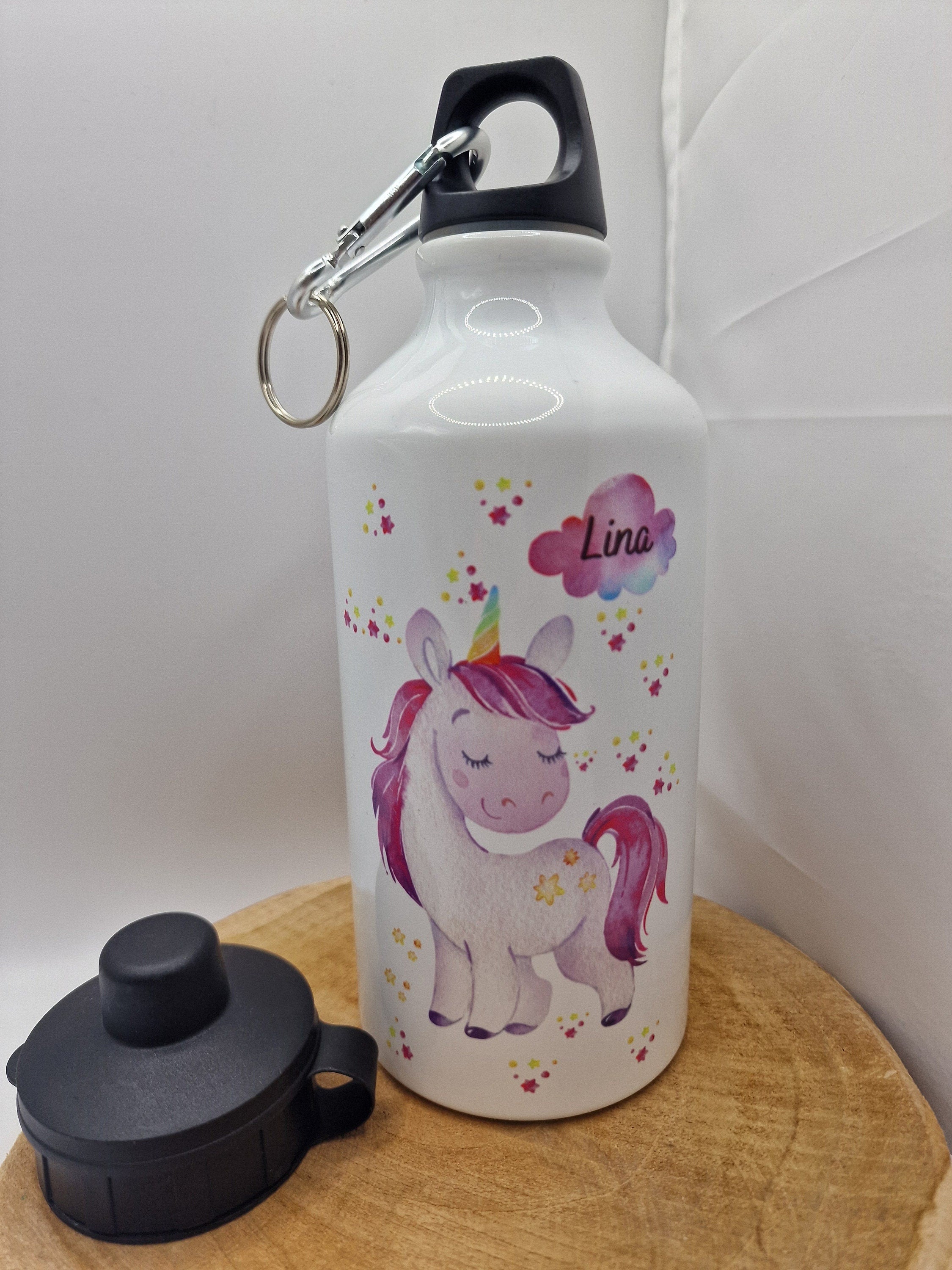 Trinkflasche Wasserflasche personalisiert mit Name Einhorn rosa Sterne Glitzer