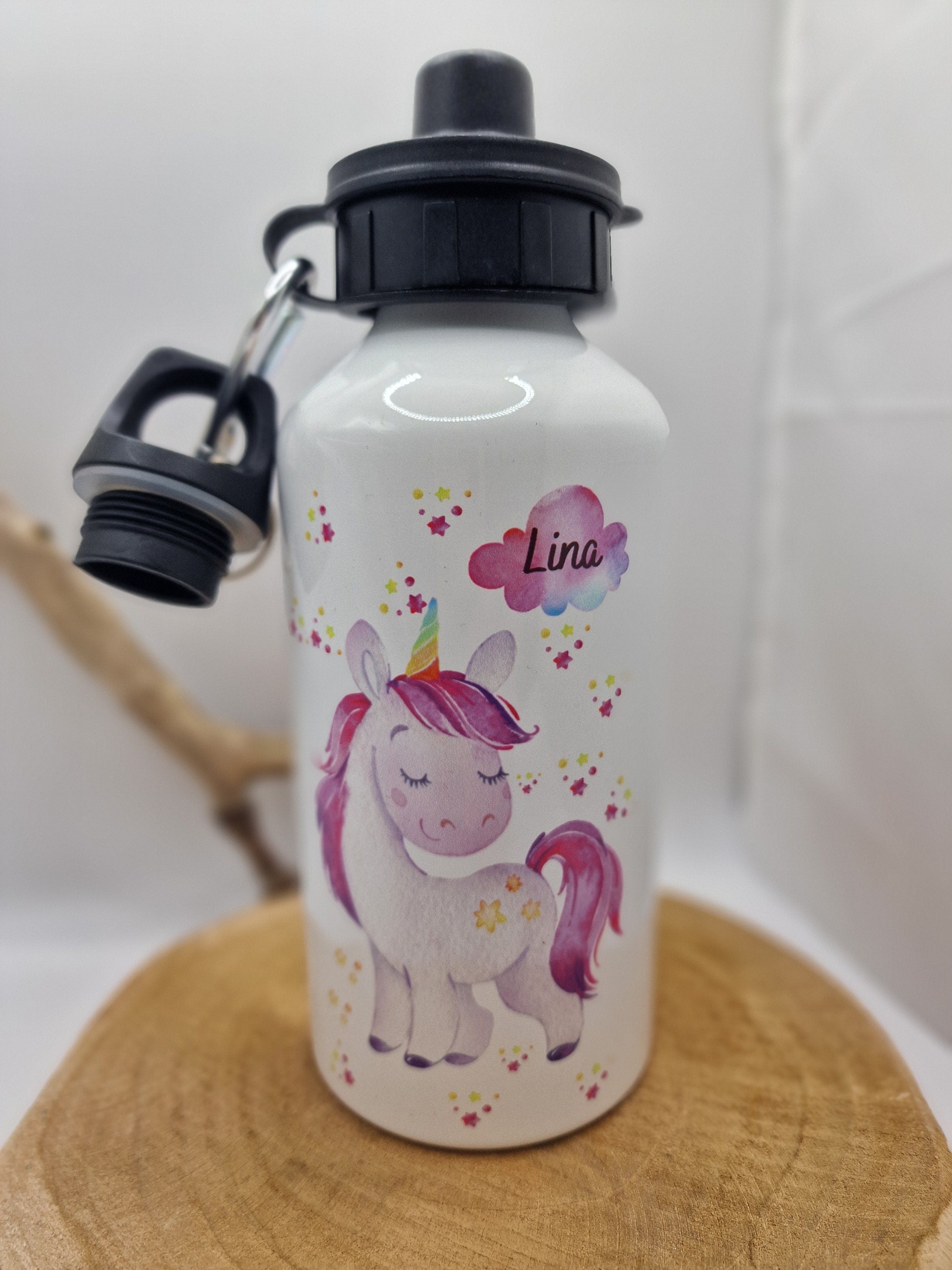 Trinkflasche Wasserflasche personalisiert mit Name Einhorn rosa Sterne Glitzer