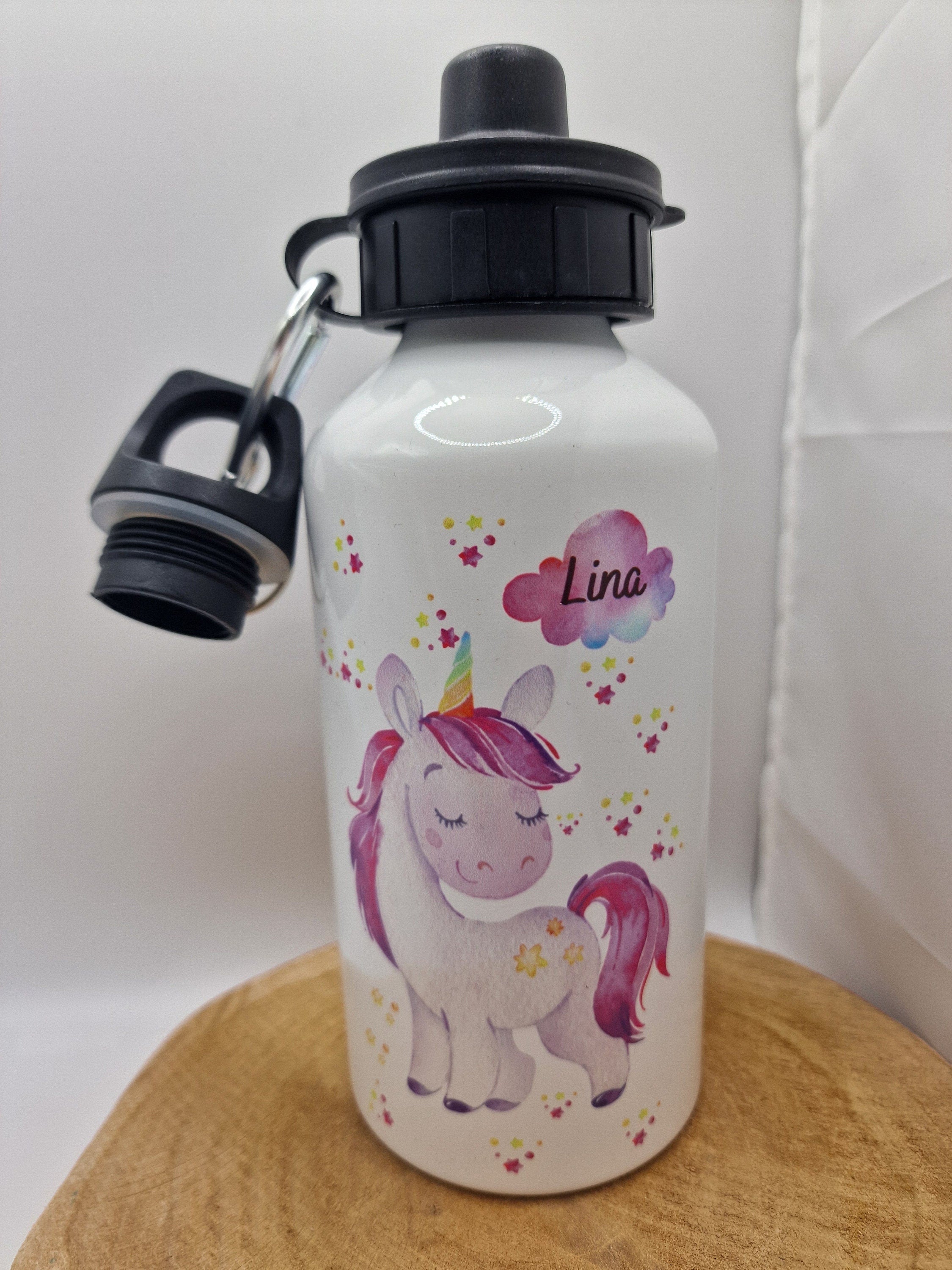 Trinkflasche Wasserflasche personalisiert mit Name Einhorn rosa Sterne Glitzer