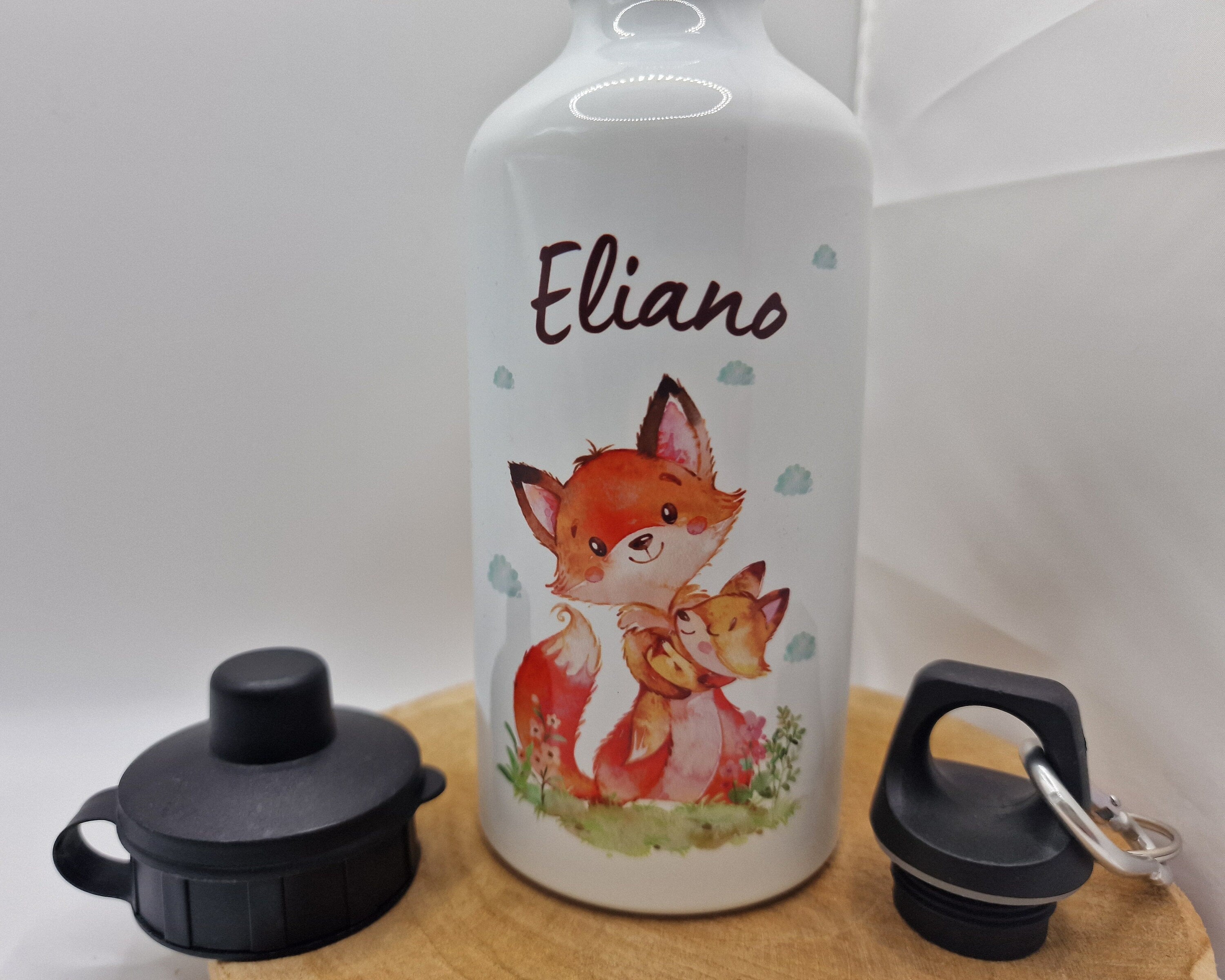 Trinkflasche Wasserflasche personalisiert mit Name Fuchs Mama und Baby Waldtiere