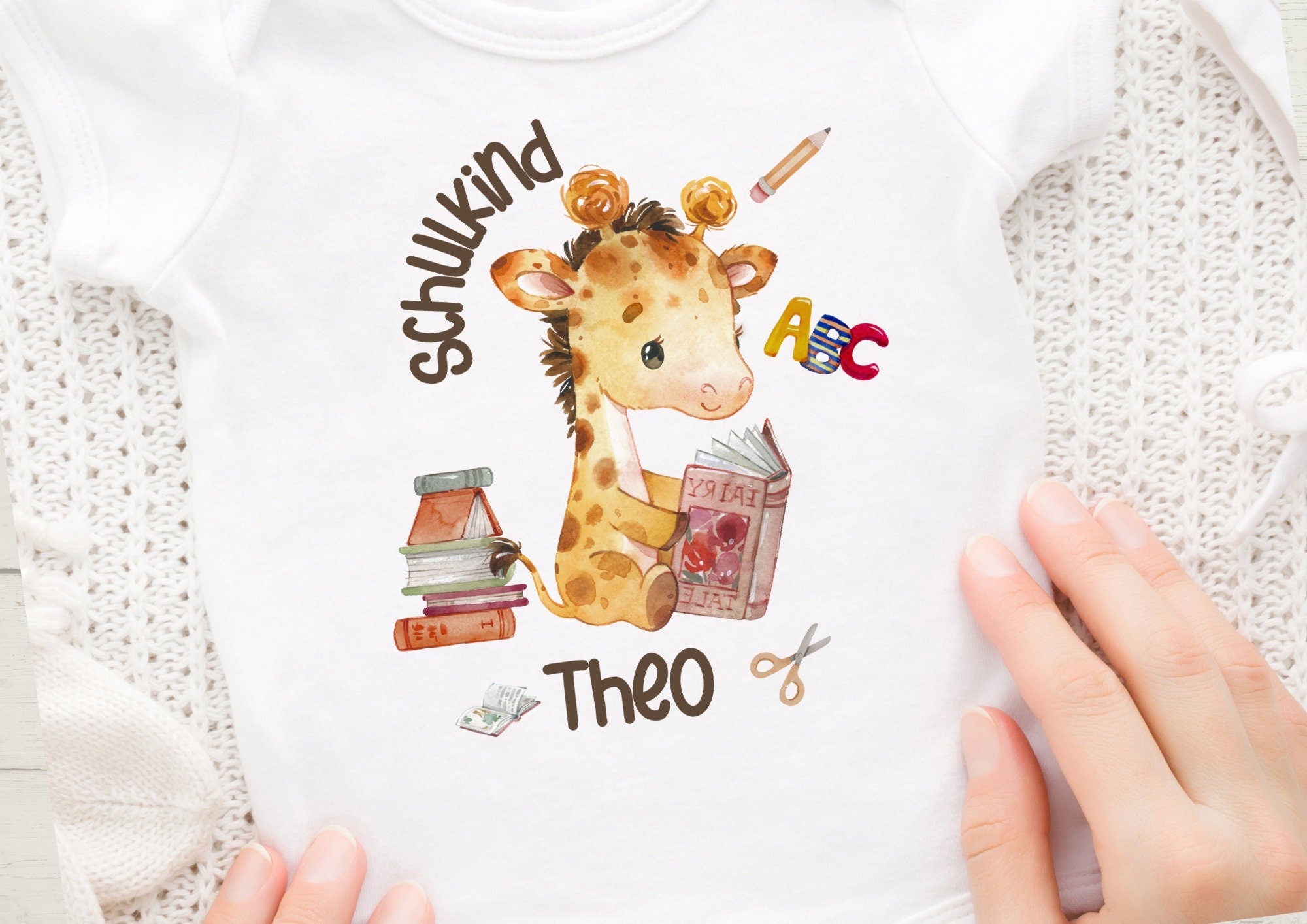 Bügelbild mit Wunschname Schul 1.Schultag Schulbeginn Einschulung Giraffe ABC