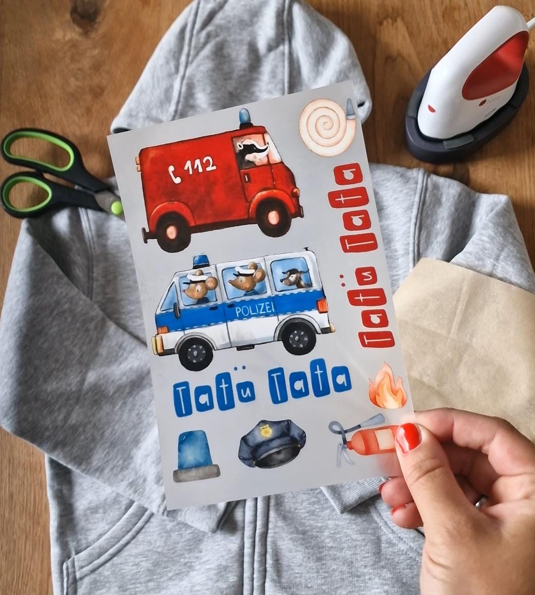 Bügelbild Set mit Polizei- und Feuerwehrmotiv – Applikation zum Aufbügeln für Kinder Shirts, Turnbeutel oder Geburtstagsshirts