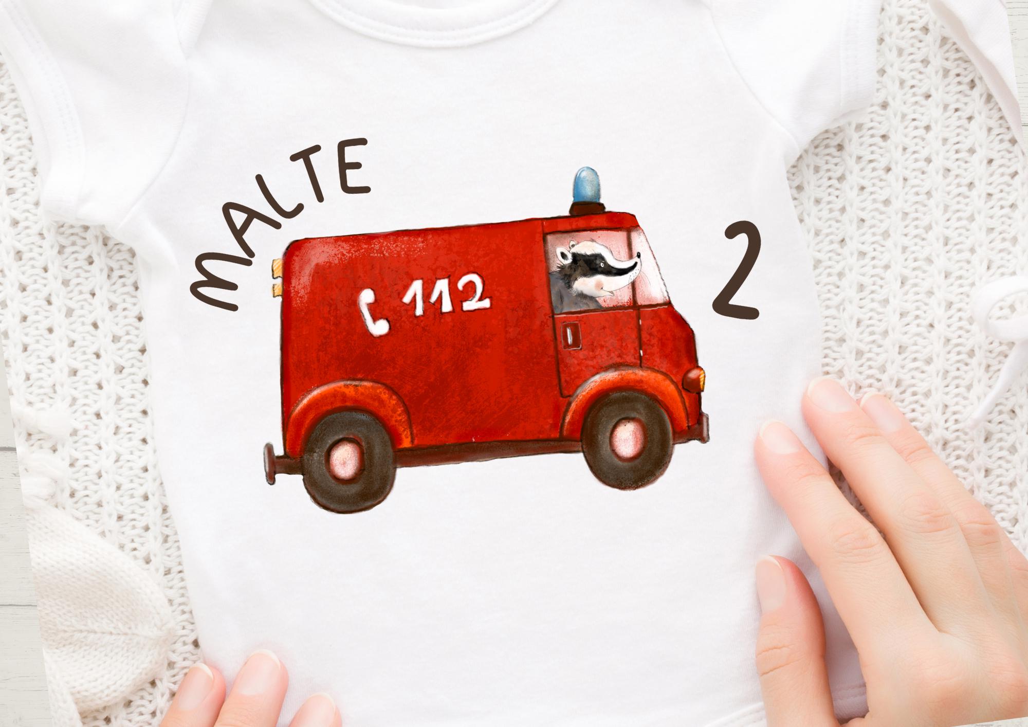 Bügelbild mit Wunschname und Alter personalisiert Feuerwehr Rettungsfahrzeuge Dachs Tatü Tata – Appliques & Patches