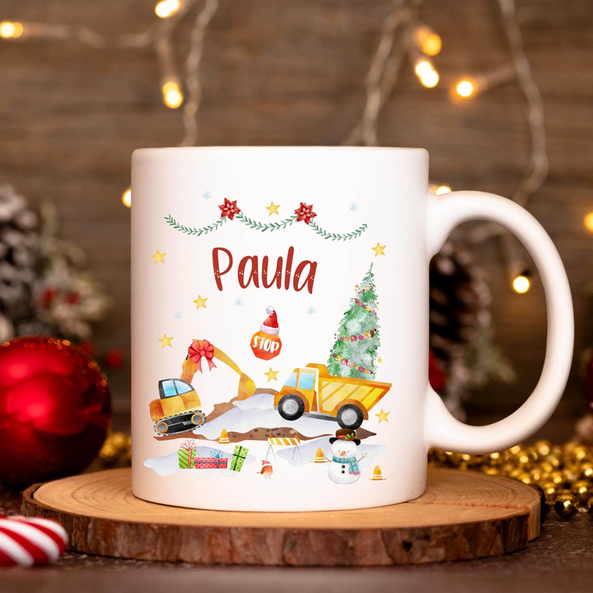 Emailletasse Weihnachtstasse mit Namen personalisiert Weihnachten Weihnachtsbecher Weihnachtstasse Bagger Baustelle