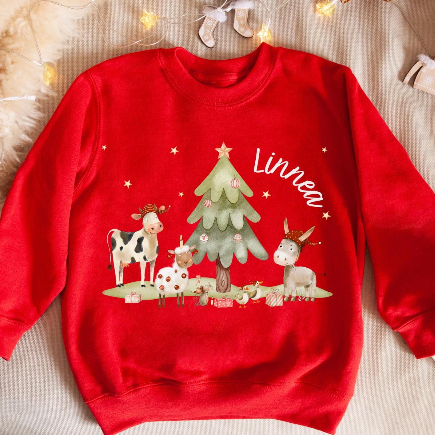 Bügelbild Weihnachten personalisiert mit Namen - Kuh & Esel unter Weihnachtsbaum – Bügelmotiv – Patches