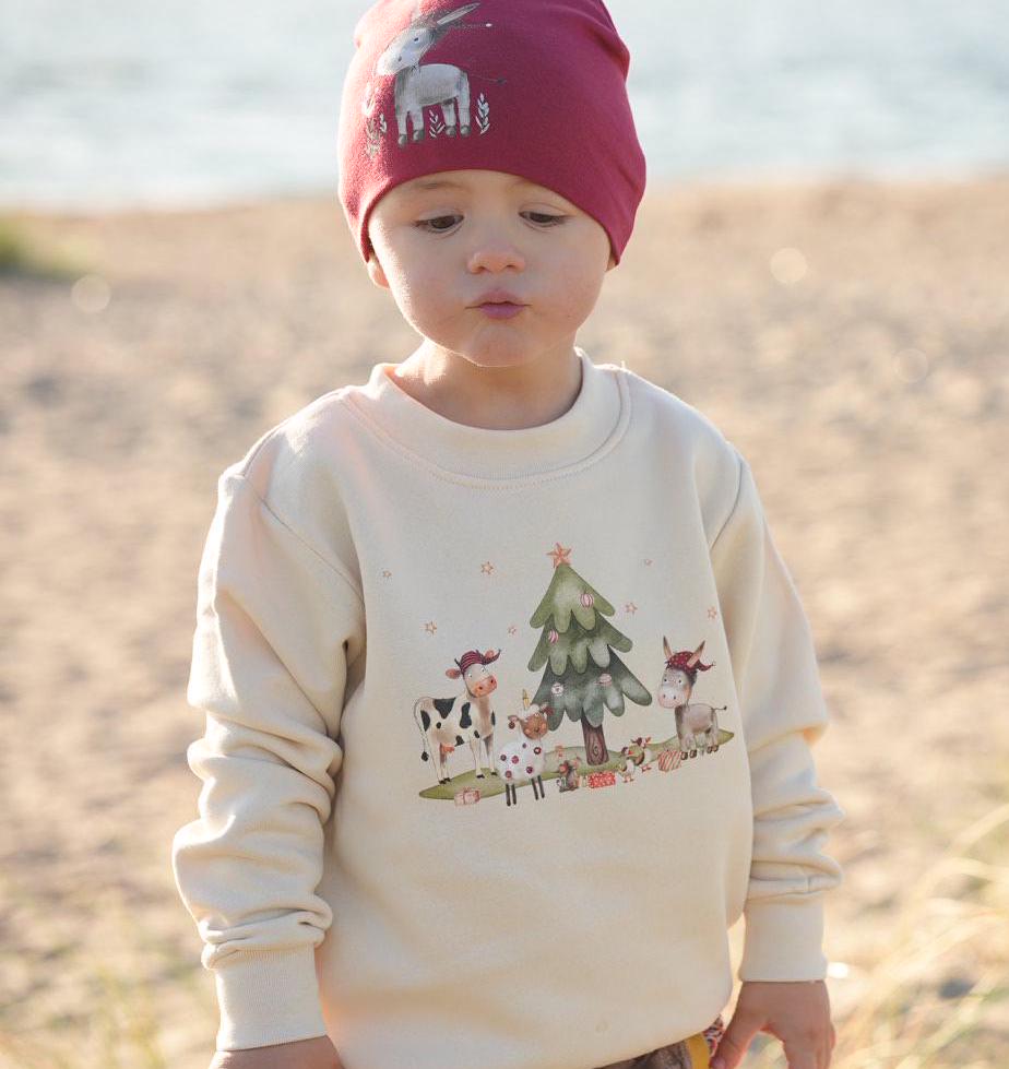 Bügelbild Weihnachten personalisiert mit Namen - Kuh & Esel unter Weihnachtsbaum – Bügelmotiv – Patches