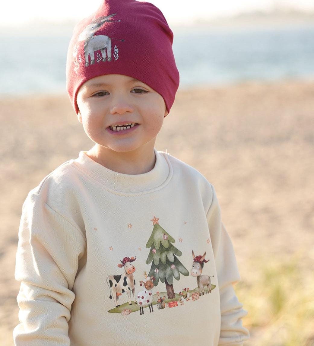 Bügelbild Weihnachten personalisiert mit Namen - Kuh & Esel unter Weihnachtsbaum – Bügelmotiv – Patches