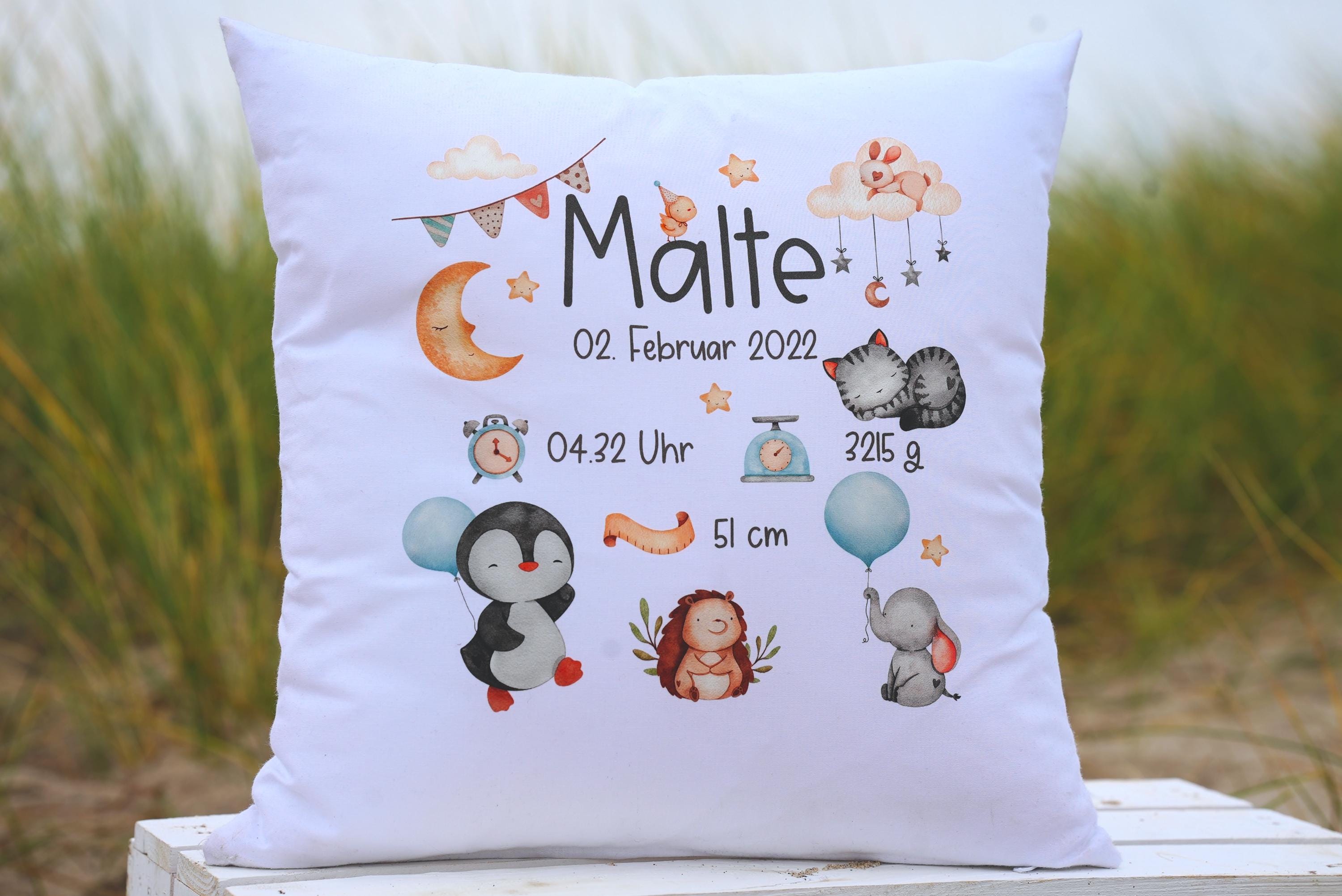 Babykissen mit Namen Namenslisten Geburtskissen Geburtsdaten Geschenk zur Geburt personalisiert Waldtiere Katze Pinguin Baby Geschenk