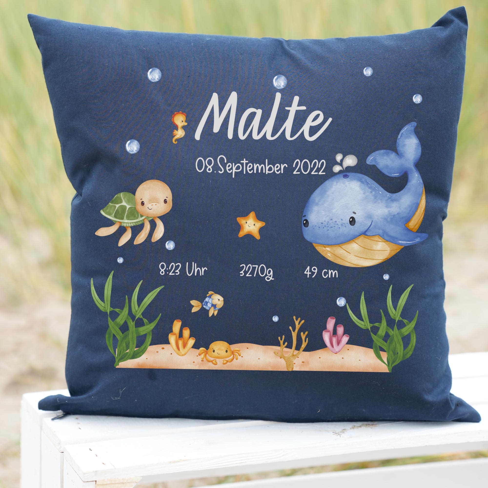 Babykissen mit Namen Namenslisten Geburtskissen Geburtsdaten Geschenk zur Geburt personalisiert Wal Unterwasser Baby Geschenk