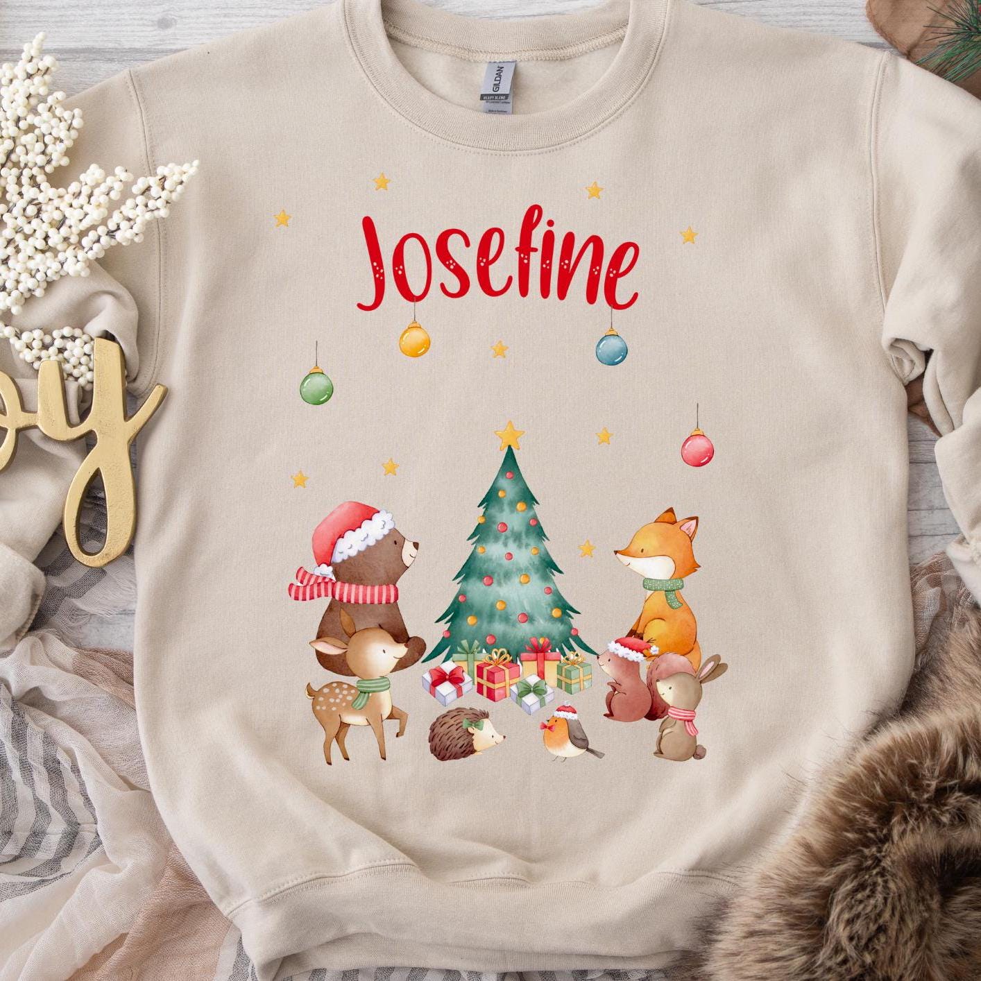 Bügelbild Weihnachten personalisiert - Waldtiere mit Weihnachtsbaum & Geschenken – DTF Bügelmotiv mit Name – Patches