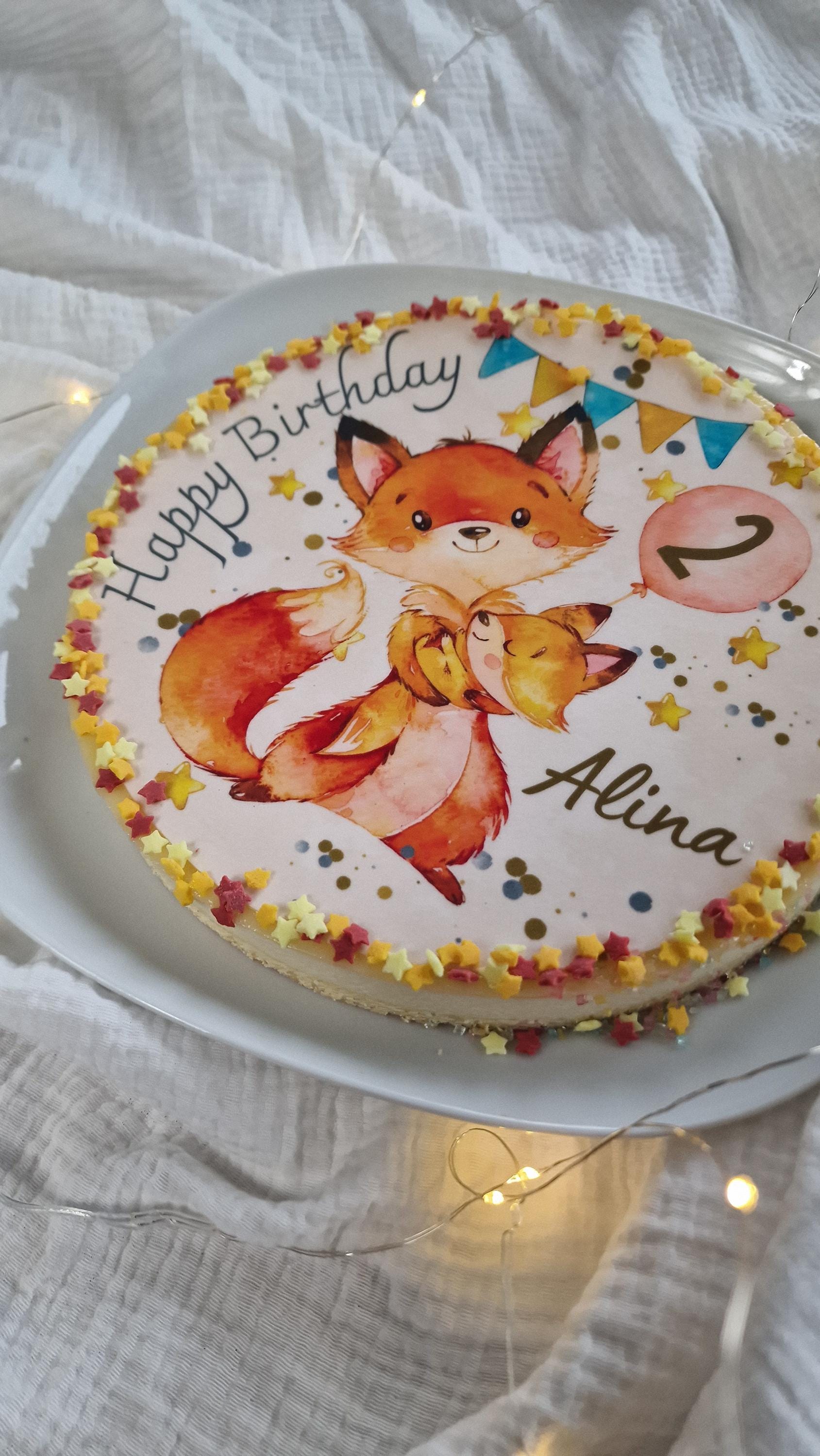 Tortenaufleger Fuchs mit Baby – personalisiert – Fondantbild Geburtstag – – rund – Party Decor