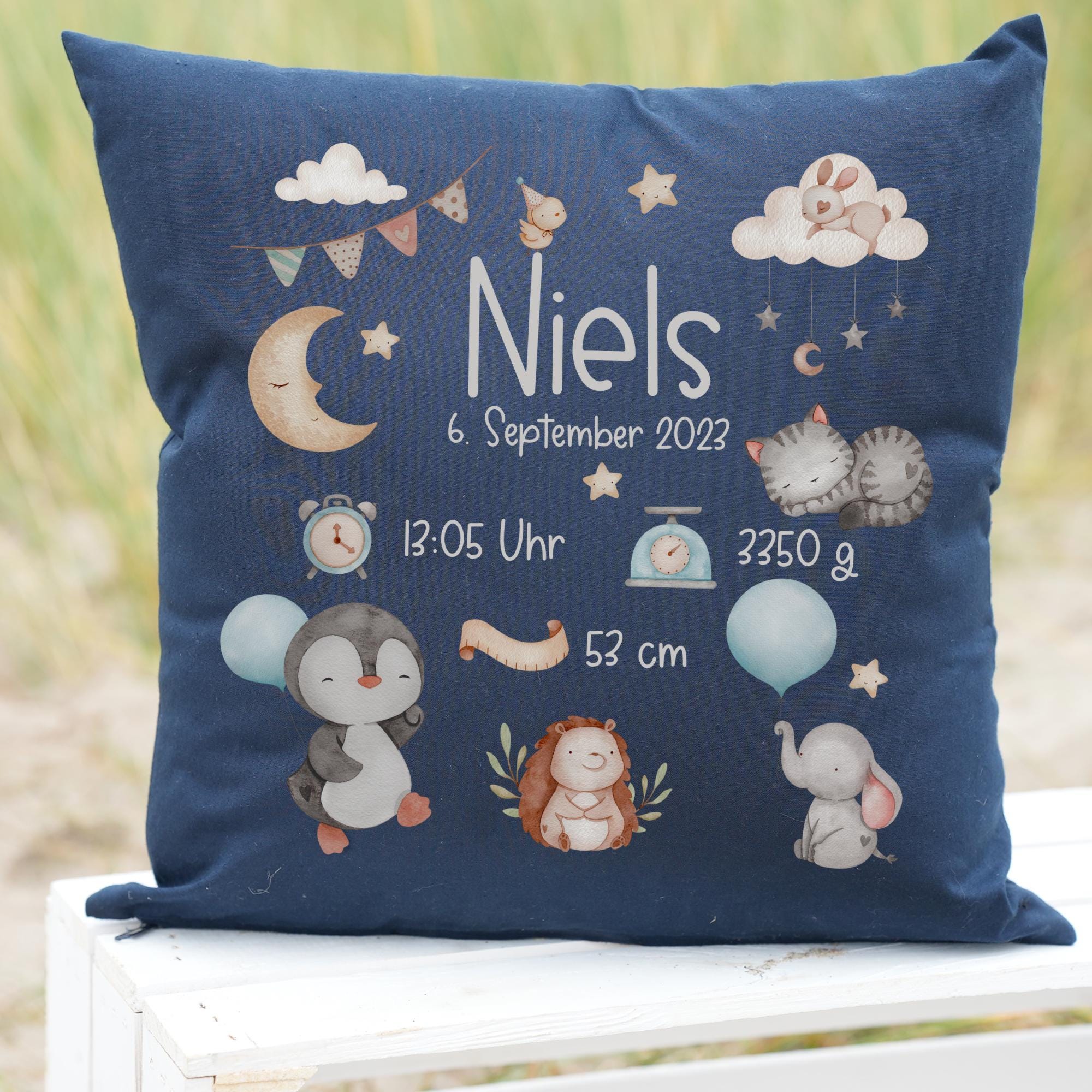 Babykissen mit Namen Namenslisten Geburtskissen Geburtsdaten Geschenk zur Geburt personalisiert Waldtiere Katze Pinguin Baby Geschenk – Pillowcases