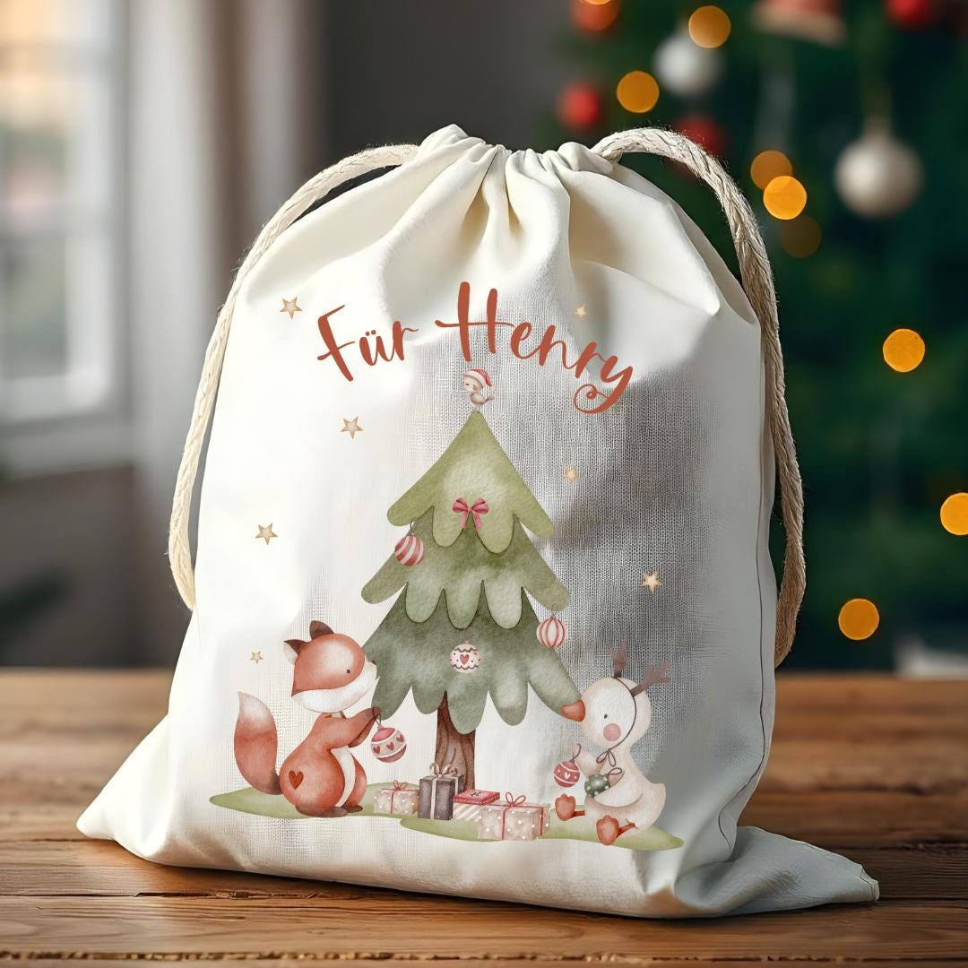 Geschenkbeutel Geschenkesäckchen Nikolaussack personalisiert mit Name für Weihnachten Junge Mädchen Geschenksäcken Nikolaus Fuchs Schneemann