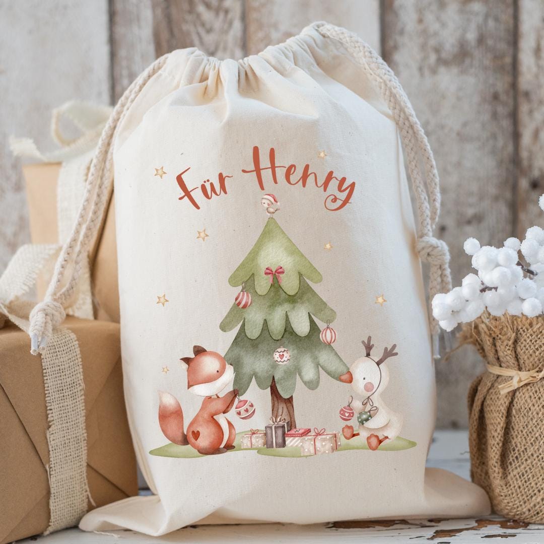 Geschenkbeutel Geschenkesäckchen Nikolaussack personalisiert mit Name für Weihnachten Junge Mädchen Geschenksäcken Nikolaus Fuchs Schneemann