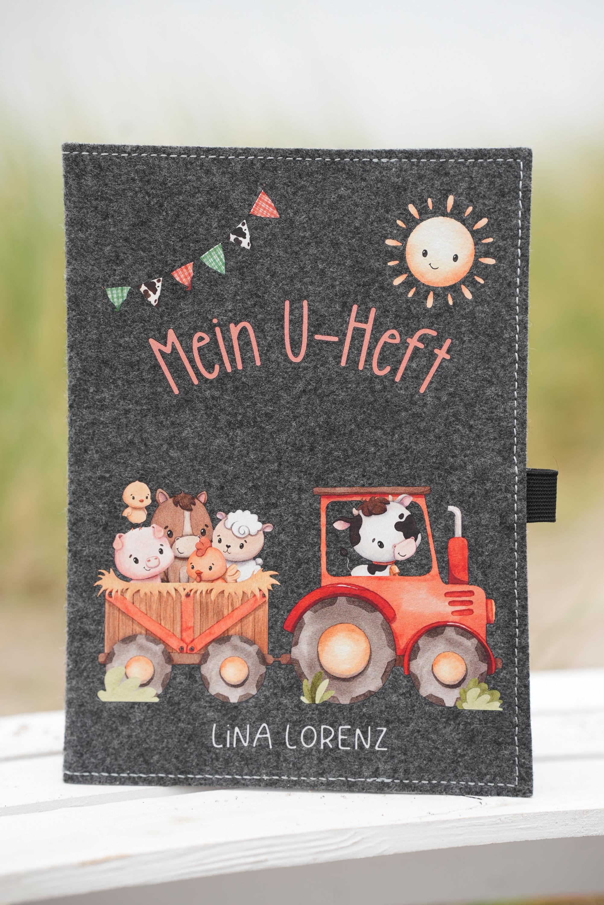 Hülle U Heft personalisiert mit Name Filz Untersuchungsheft U Heft Hülle mit Name Geschenk Taufe Geschenk Geburt Hülle U Heft Traktor