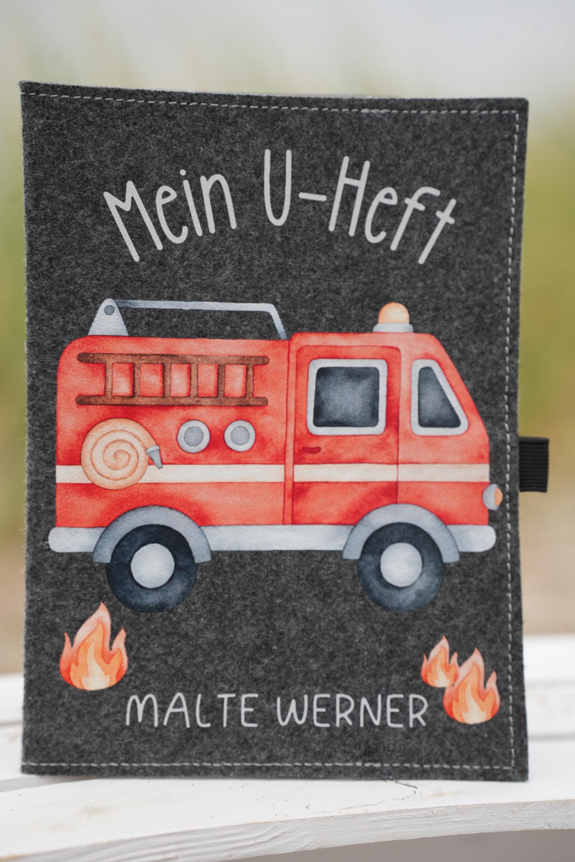 Hülle U Heft personalisiert mit Name Filz Untersuchungsheft U Heft Hülle mit Name Geschenk Taufe Geschenk Geburt Hülle U Heft Feuerwehr