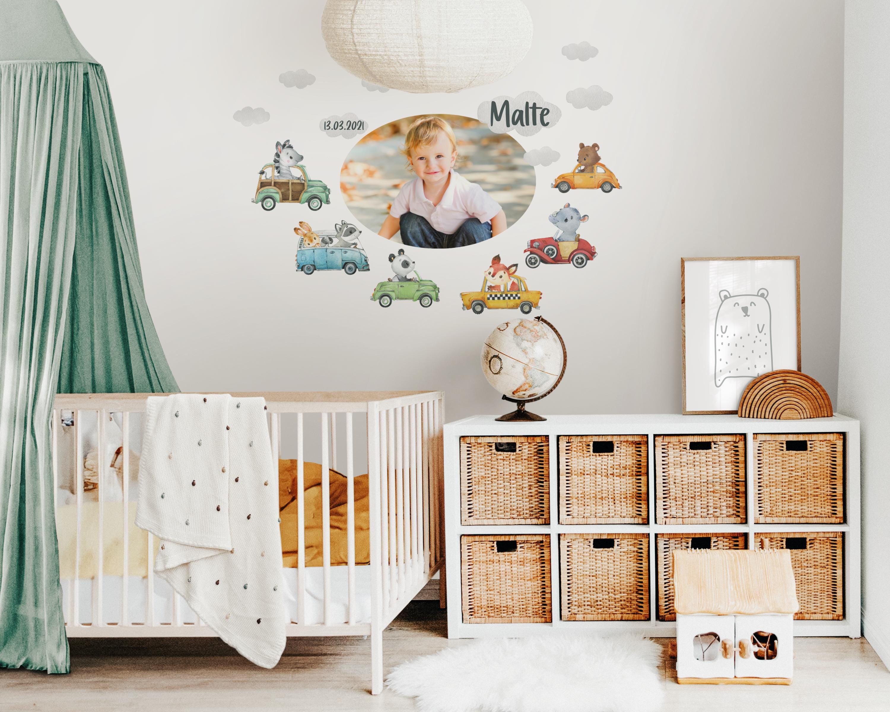 Wandtatoo Wandbild Wandaufkleber Kinderzimmer personalisiert Wanddekoration Autos Waldtiere Mit Foto personalisiert