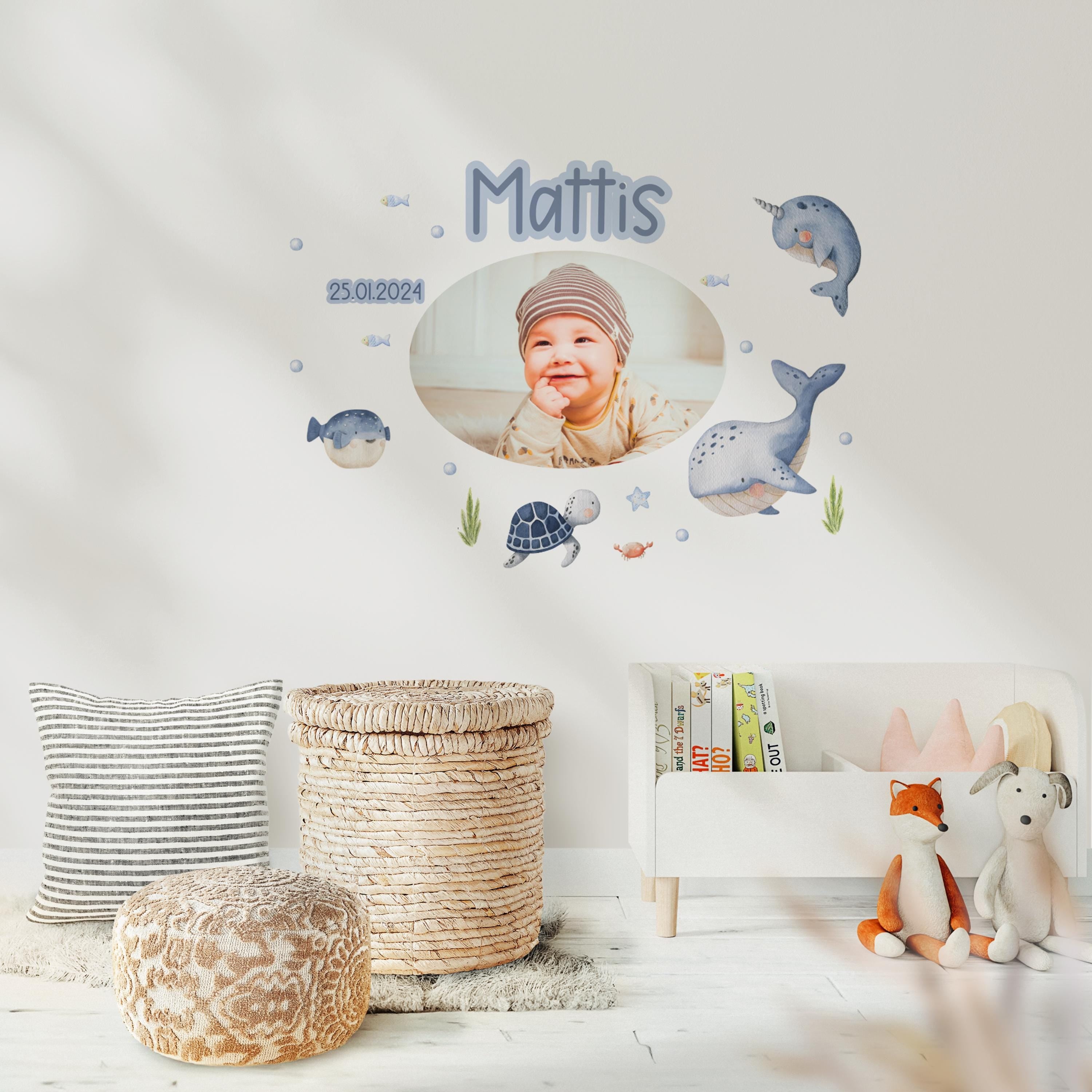 Wandtatoo Wandbild Wandaufkleber Kinderzimmer personalisiert Wanddekoration Wal Unterwasser Meerestiere Schildkröte