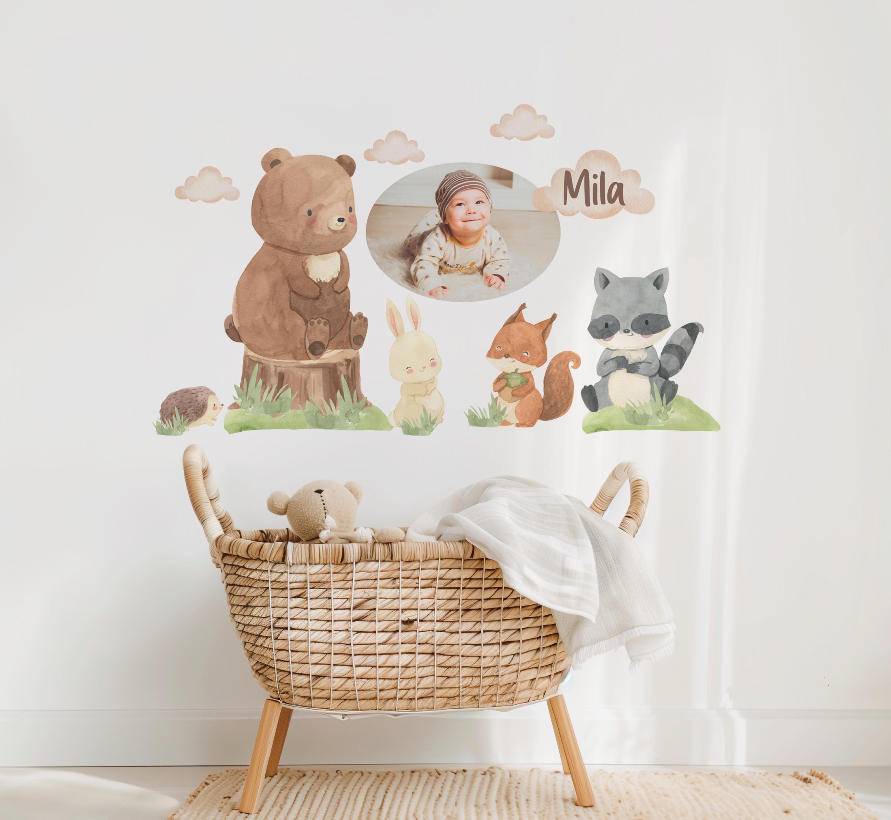 Wandtatoo Wandbild mit Foto Wandaufkleber Kinderzimmer personalisiert Waldtiere Bär Hase für das Babyzimmer