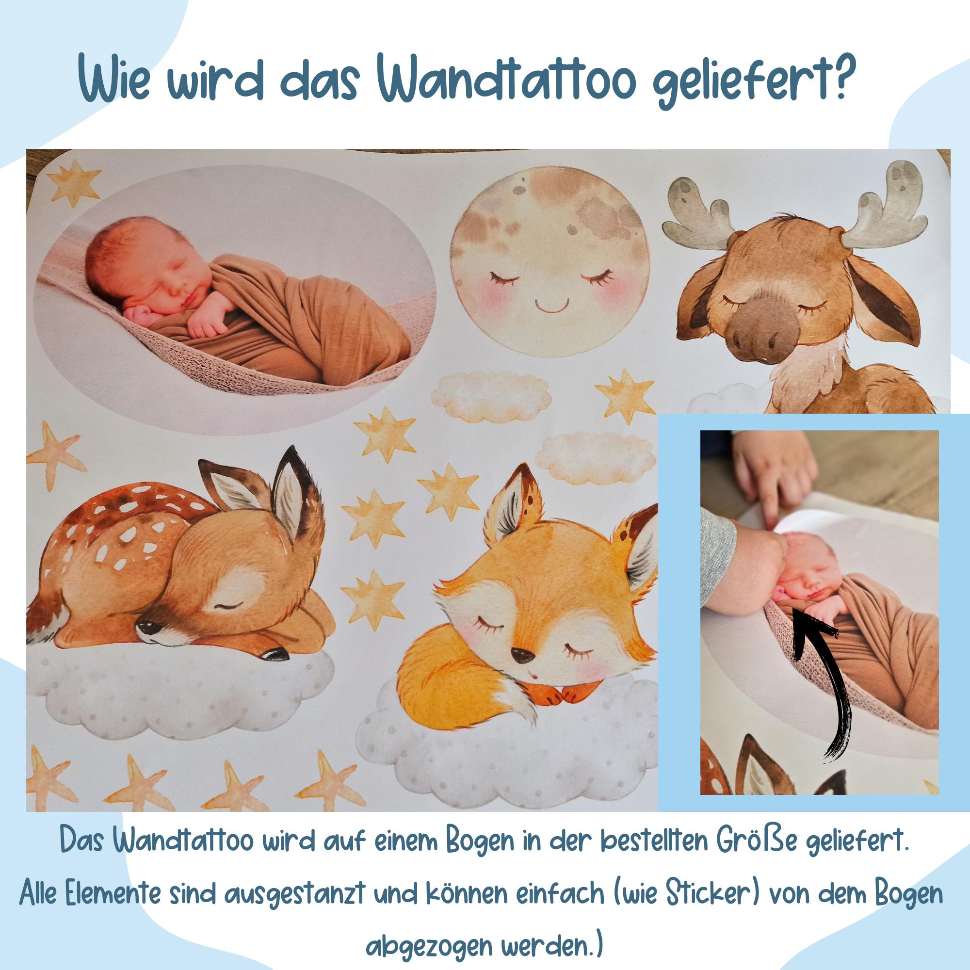 Wandtatoo Wandbild mit Foto Wandaufkleber Kinderzimmer personalisiert Waldtiere Fuchs Elch Reh für das Babyzimmer