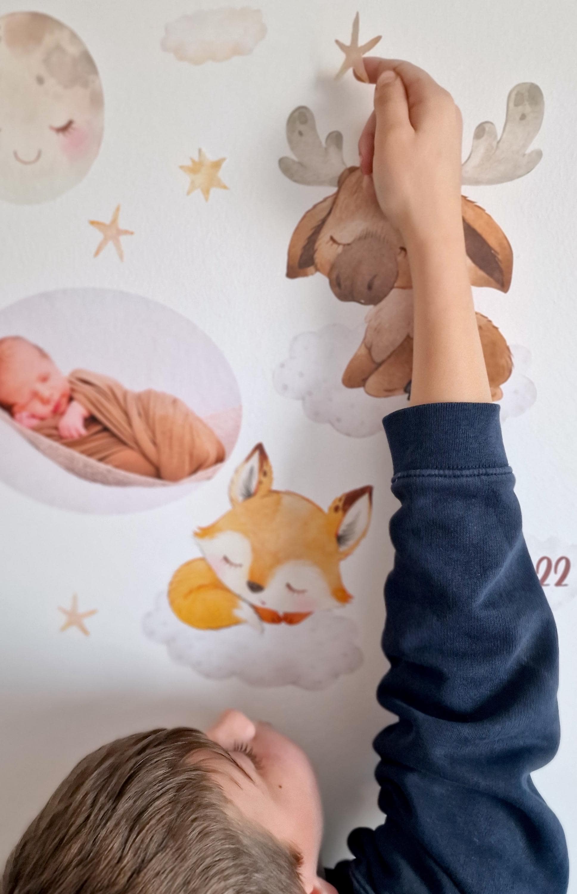 Wandtatoo Wandbild mit Foto Wandaufkleber Kinderzimmer personalisiert Waldtiere Fuchs Elch Reh für das Babyzimmer