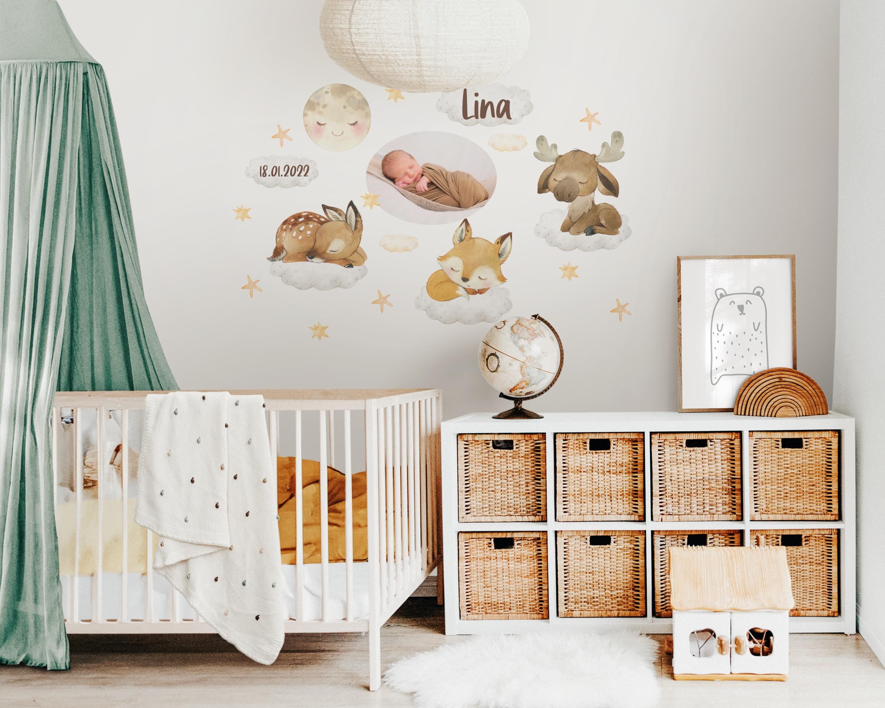 Wandtatoo Wandbild mit Foto Wandaufkleber Kinderzimmer personalisiert Waldtiere Fuchs Elch Reh für das Babyzimmer