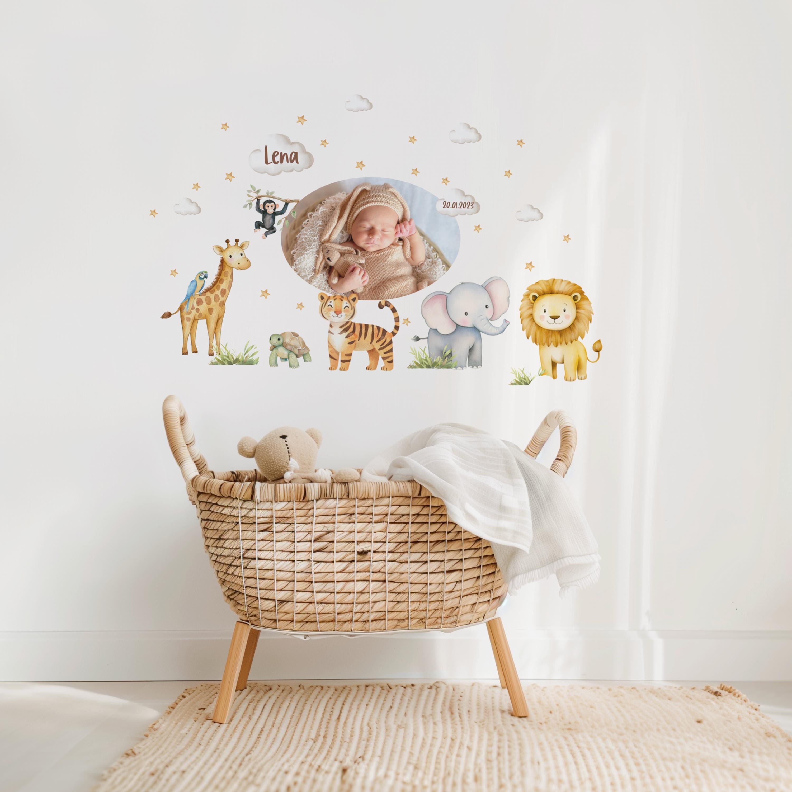 Wandtatoo Wandbild mit Foto Wandaufkleber zimmer personalisiert Safaritiere Giraffe Löwe Dschungeltiere für das Babyzimmer – Wall Decals & Murals
