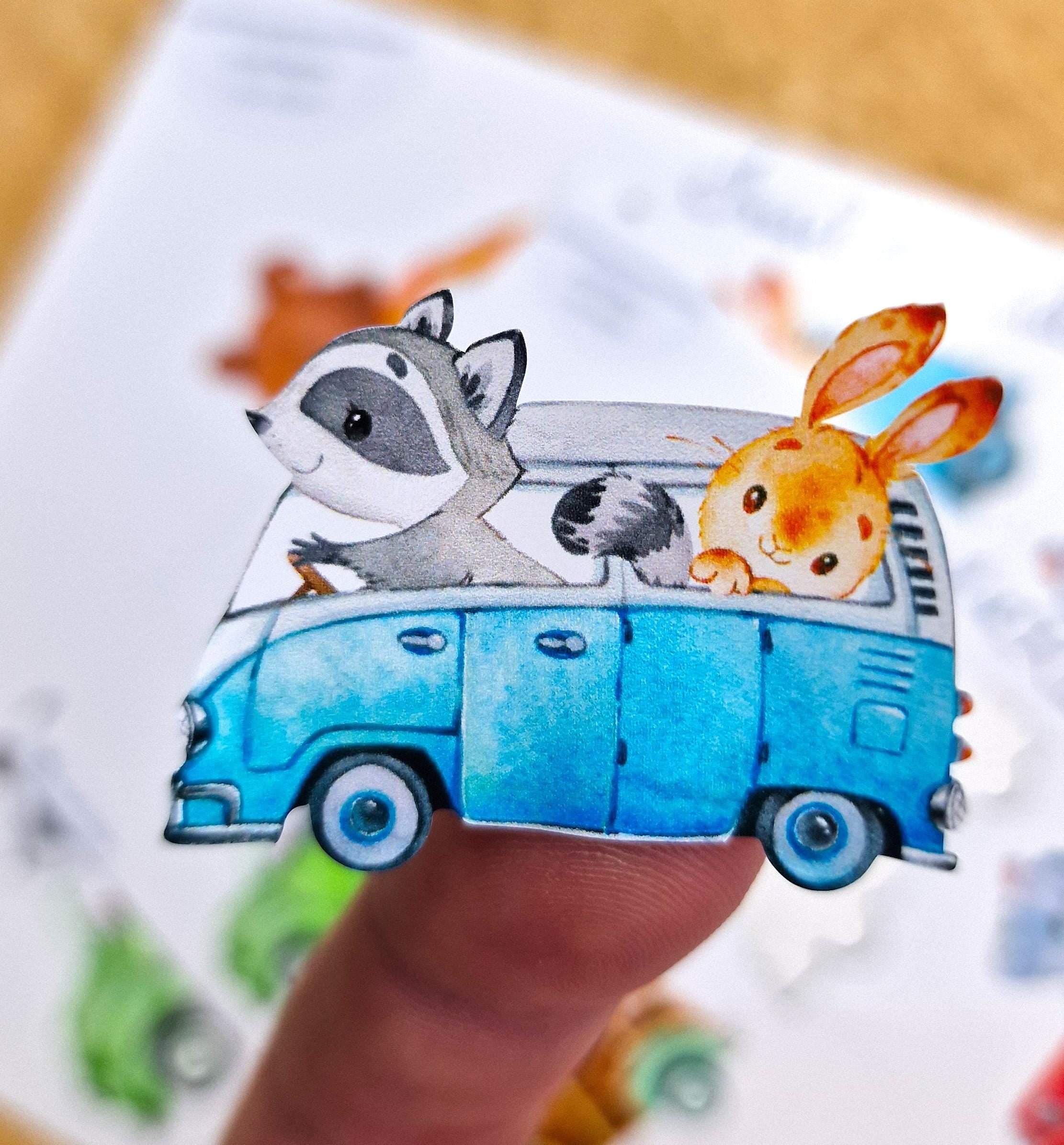 Wasserfestes Sticker-Set – Tiere im Auto – spülmaschinenfest für Brotdose, Trinkflasche, Fahrradhelm – Waldtiere für – Stickers