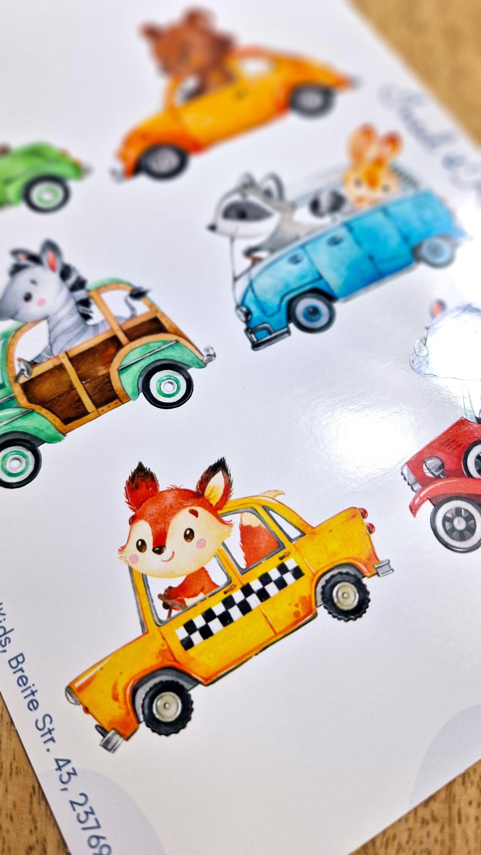 Wasserfestes Sticker-Set – Tiere im Auto – spülmaschinenfest für Brotdose, Trinkflasche, Fahrradhelm – Waldtiere für – Stickers