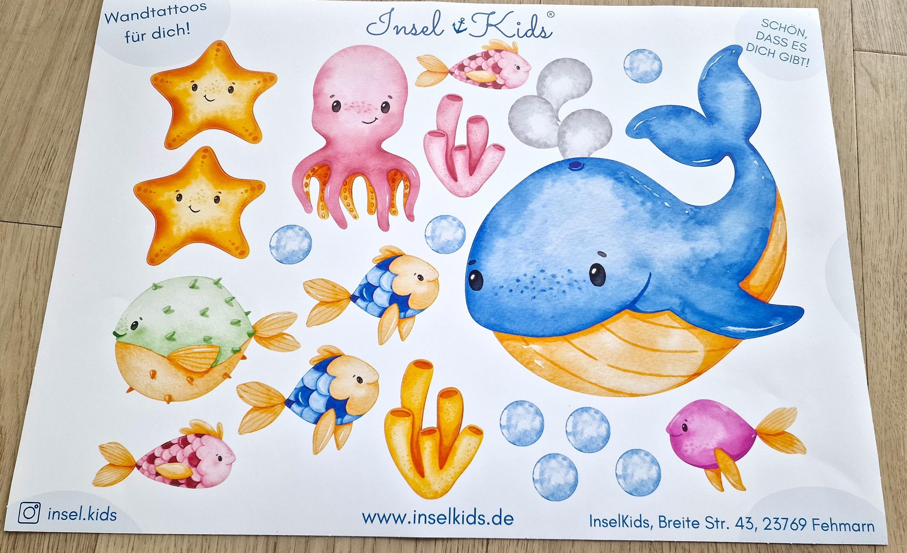 Wandtatoo Wandbild Wandaufkleber Wandsticker Kinderzimmer personalisiert Wal Meer Meerestiere für das Babyzimmer