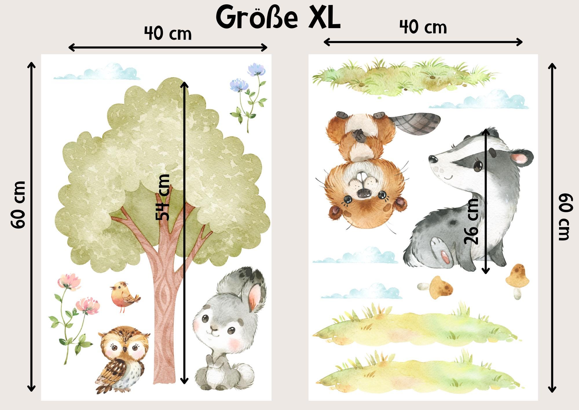 Wandtatoo Wandbild Wandaufkleber Wandsticker personalisiert Kinderzimmerdeko Waldtiere Biber Dachs Hase Kinderzimmer