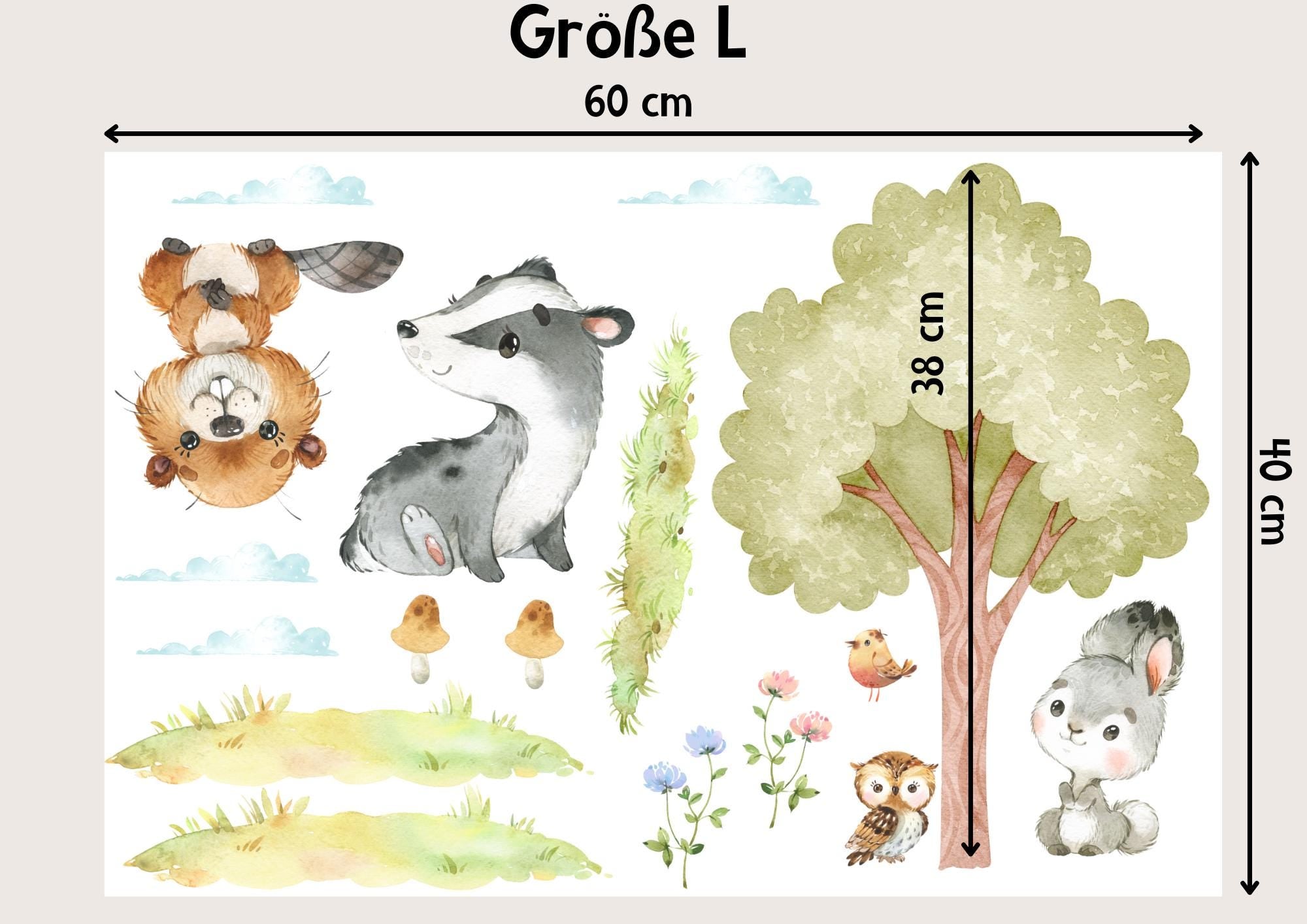 Wandtatoo Wandbild Wandaufkleber Wandsticker personalisiert Kinderzimmerdeko Waldtiere Biber Dachs Hase Kinderzimmer