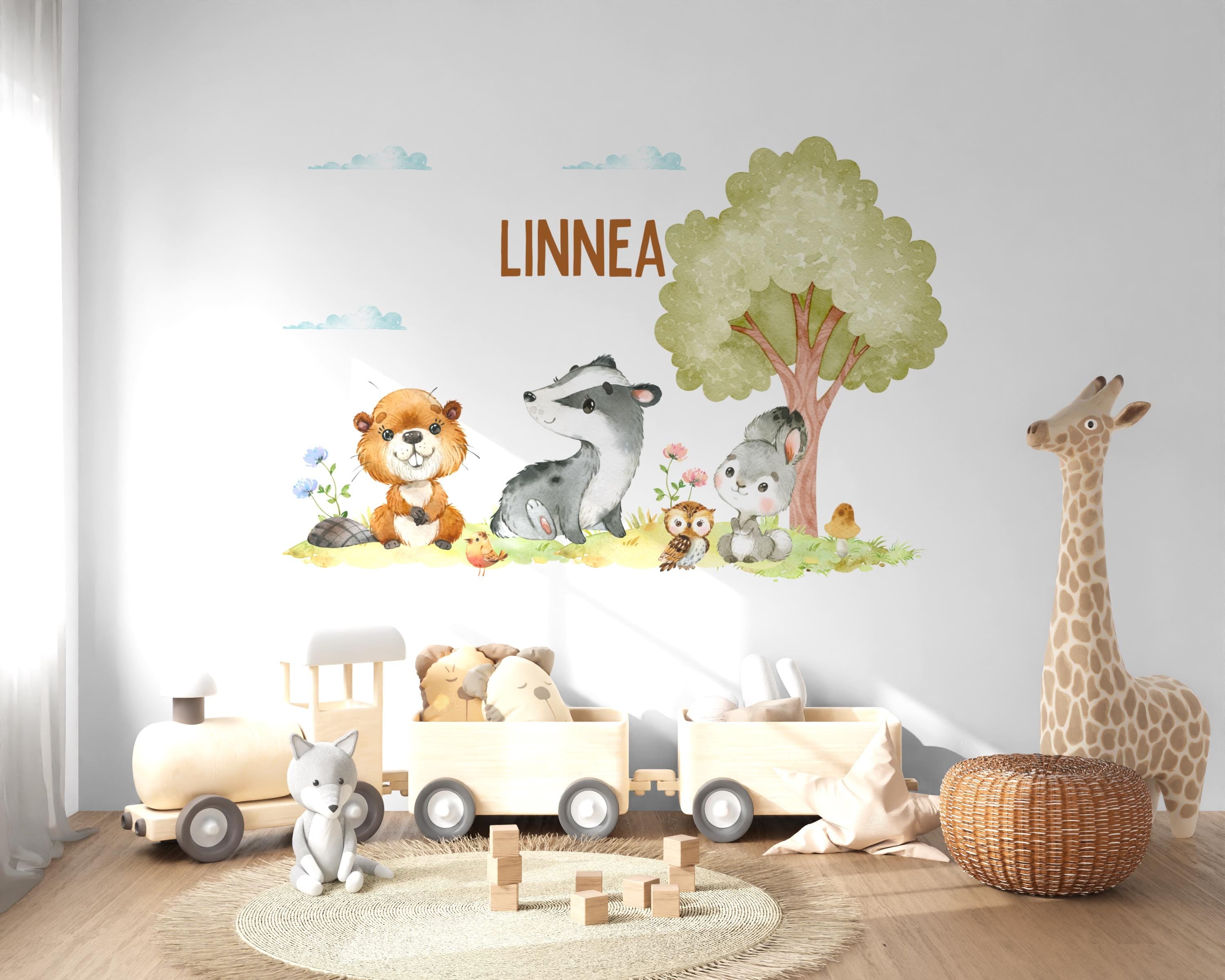 Wandtatoo Wandbild Wandaufkleber Wandsticker personalisiert Kinderzimmerdeko Waldtiere Biber Dachs Hase Kinderzimmer