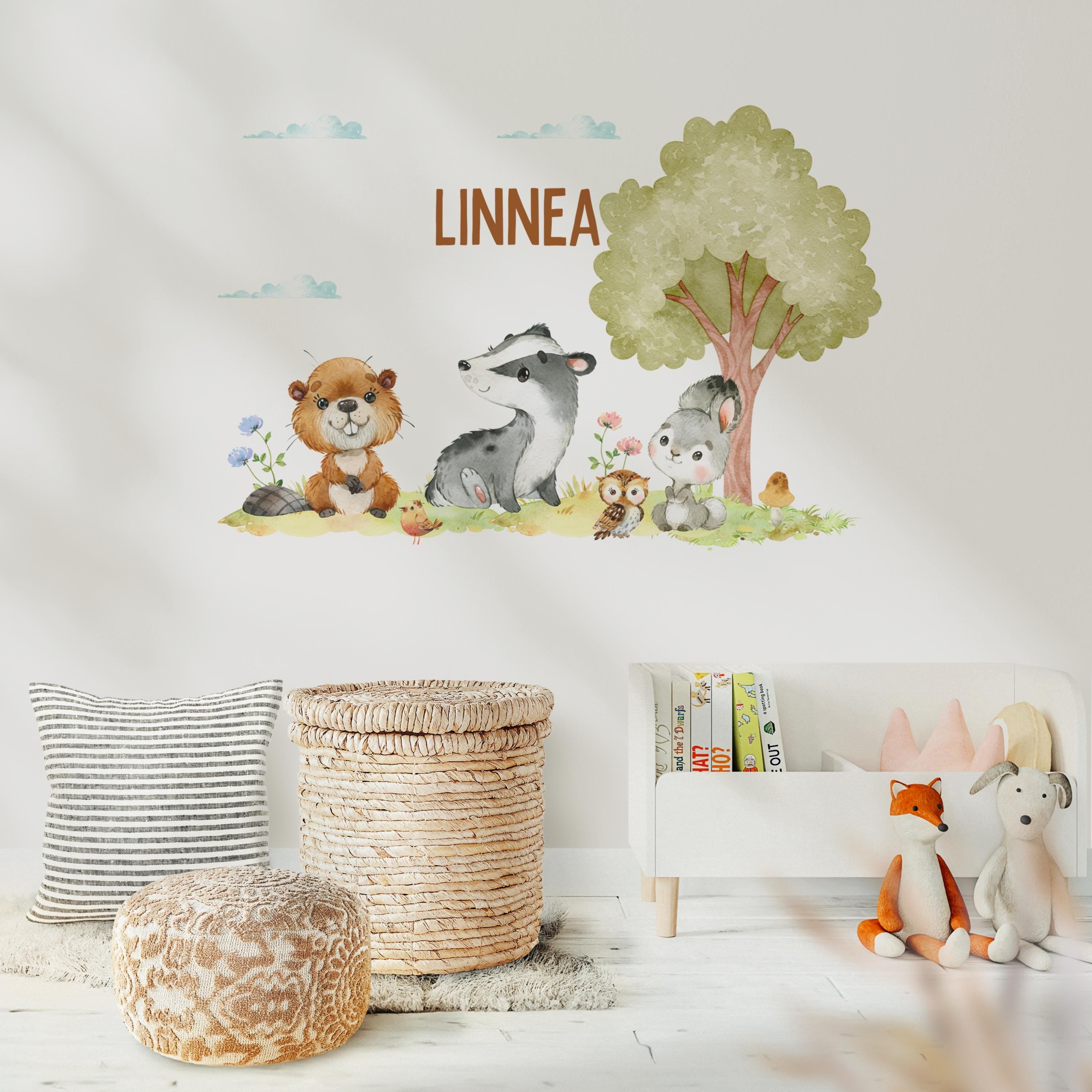 Wandtatoo Wandbild Wandaufkleber Wandsticker personalisiert Kinderzimmerdeko Waldtiere Biber Dachs Hase Kinderzimmer