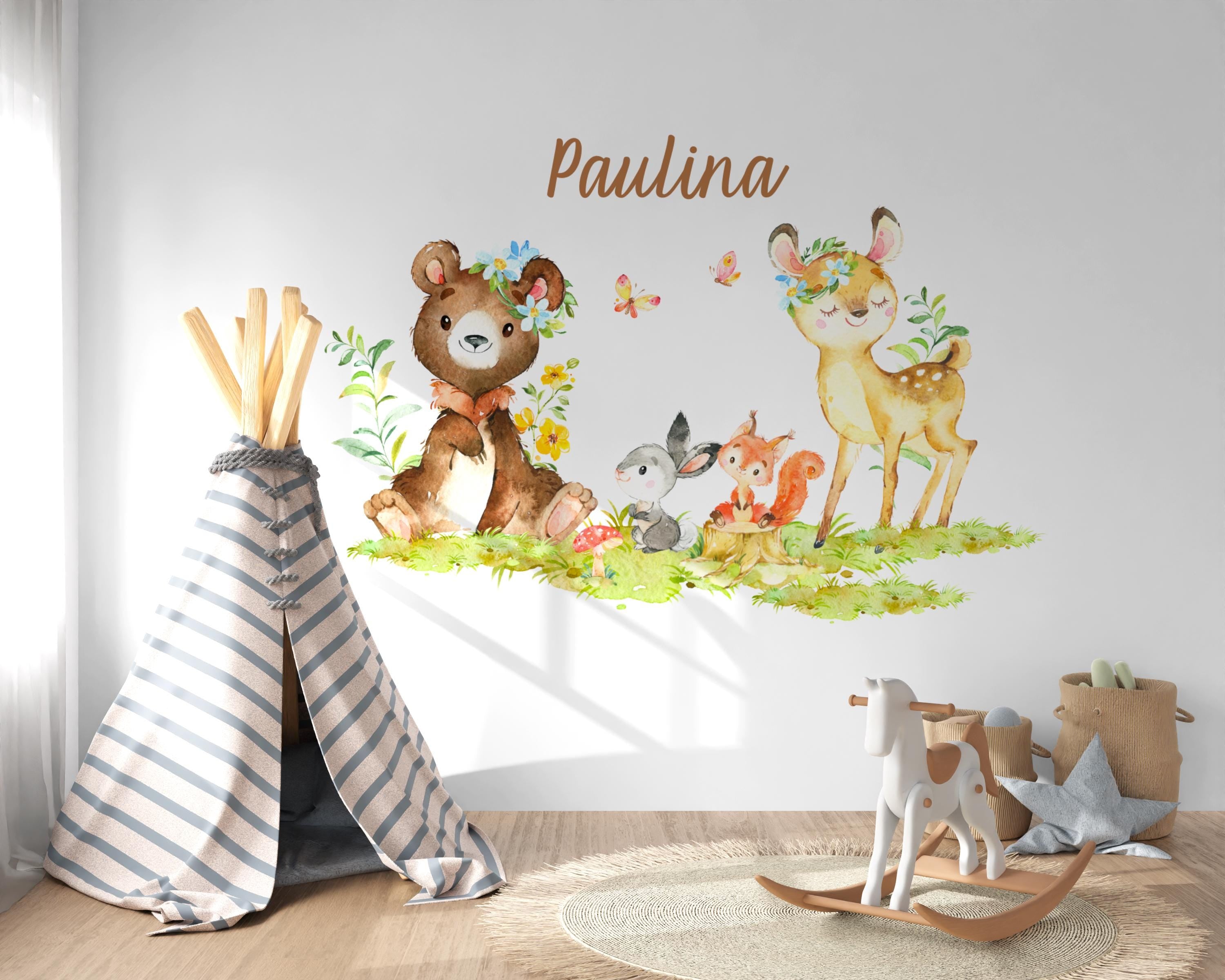 Wandtatoo Wandbild Wandaufkleber Wandsticker personalisiert Kinderzimmerdeko Waldtiere Bär Reh Hase Kinderzimmer