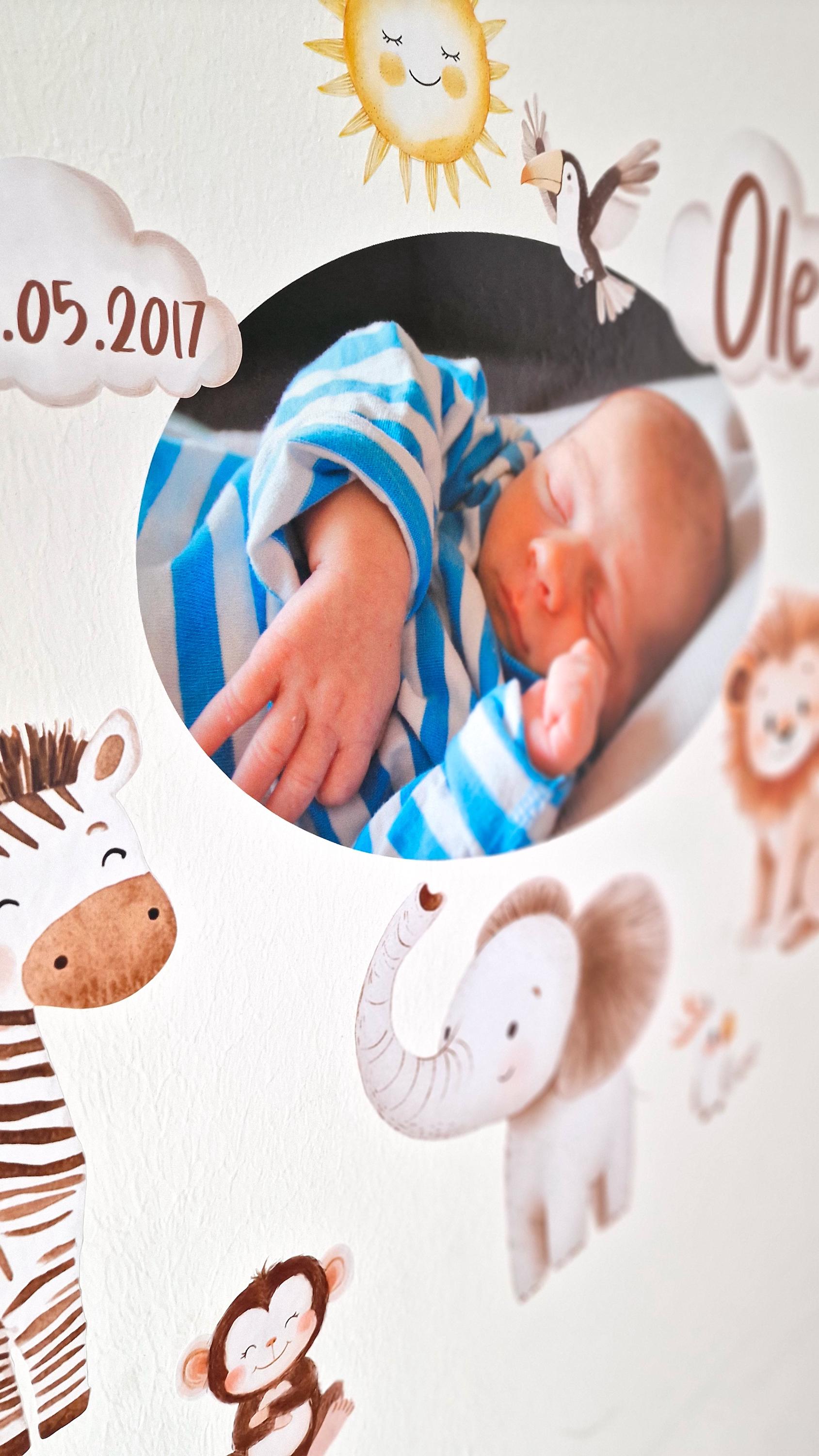 Wandtatoo Wandbild mit Foto Wandaufkleber Kinderzimmer personalisiert Dschungeltiere Safaritiere Löwe Giraffe Zebra für das Babyzimmer