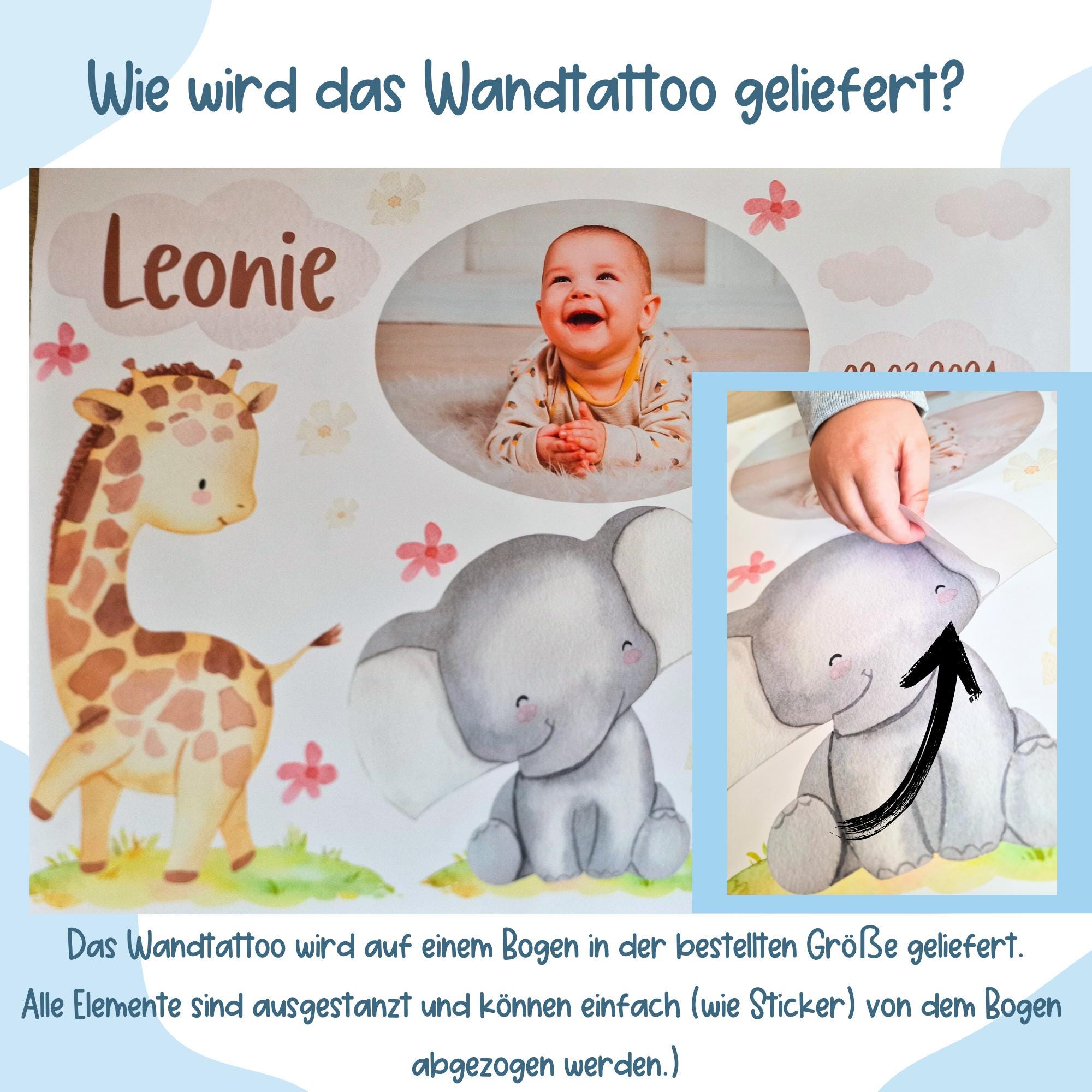 Wandtatoo Wandbild mit Foto Wandaufkleber zimmer personalisiert Safaritiere Giraffe Löwe Dschungeltiere für das Babyzimmer – Wall Decals & Murals